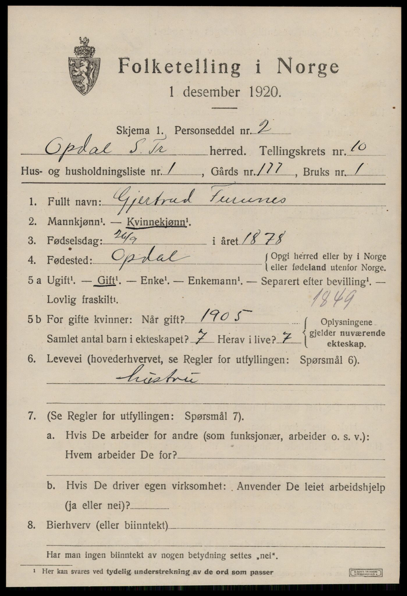 SAT, 1920 census for Oppdal, 1920, p. 8151