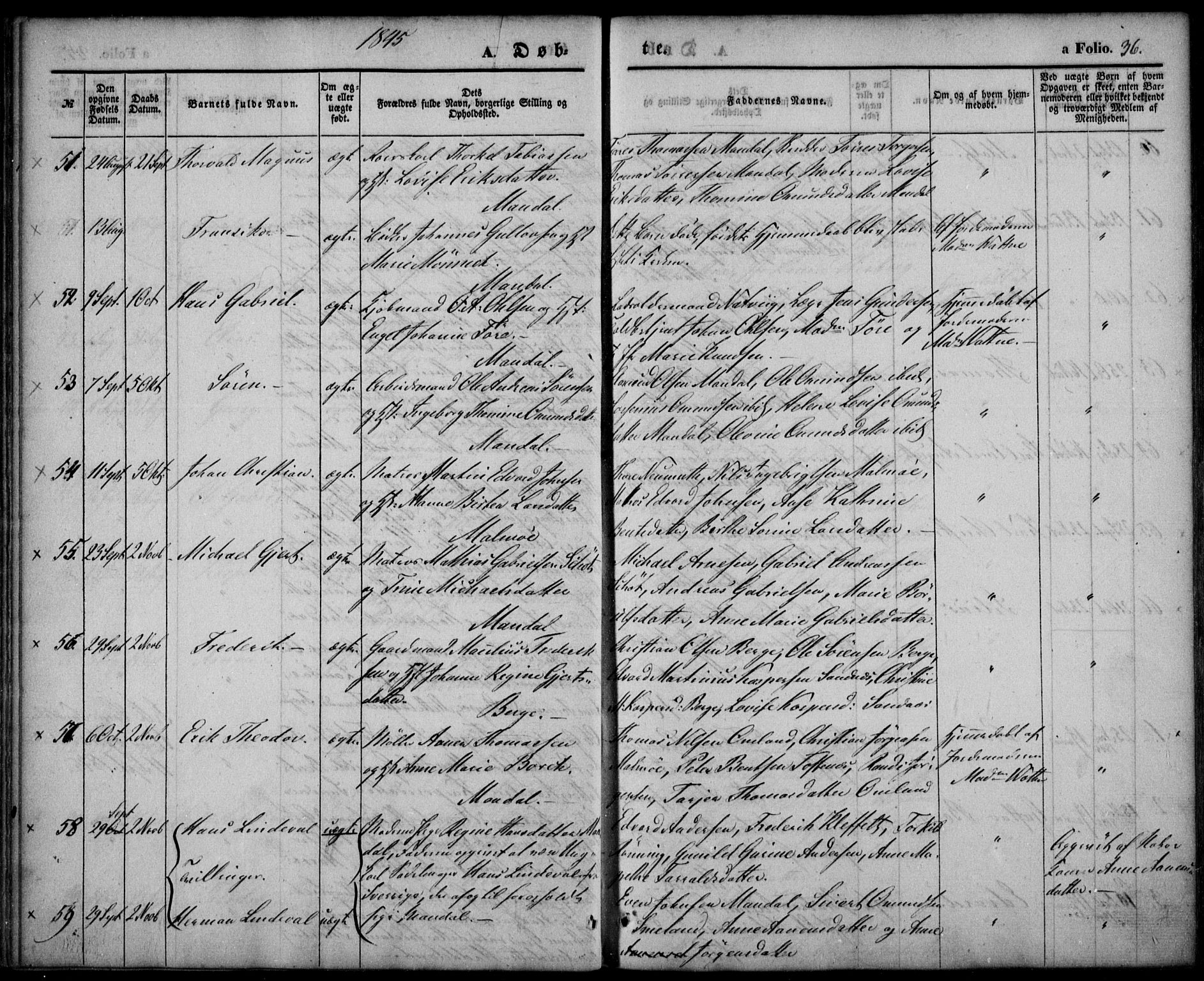 Mandal sokneprestkontor, AV/SAK-1111-0030/F/Fa/Faa/L0012: Parish register (official) no. A 12, 1840-1847, p. 36