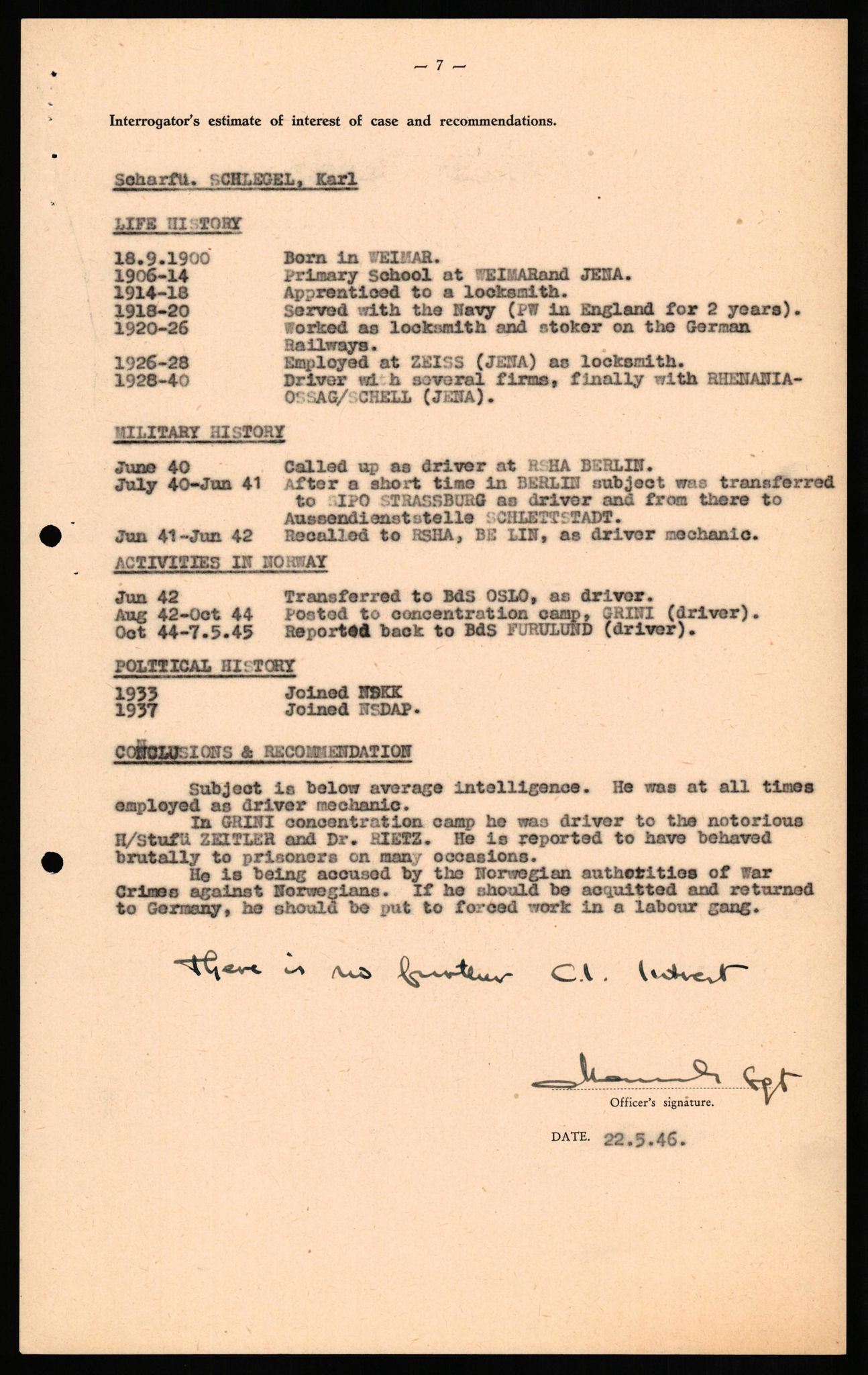 Forsvaret, Forsvarets overkommando II, RA/RAFA-3915/D/Db/L0029: CI Questionaires. Tyske okkupasjonsstyrker i Norge. Tyskere., 1945-1946, p. 234