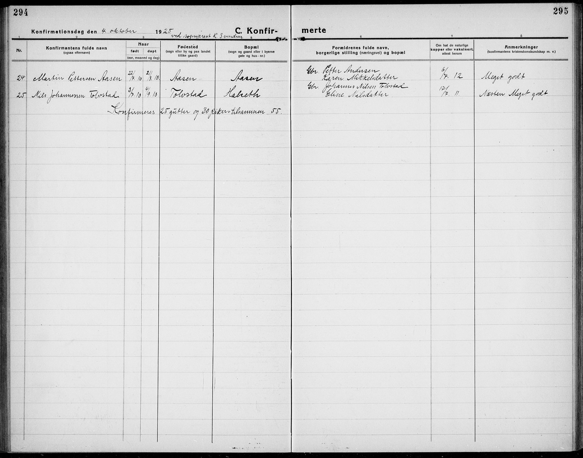 Veldre prestekontor, SAH/PREST-018/L/La/L0001: Parish register (copy) no. 1, 1921-1934, p. 294-295