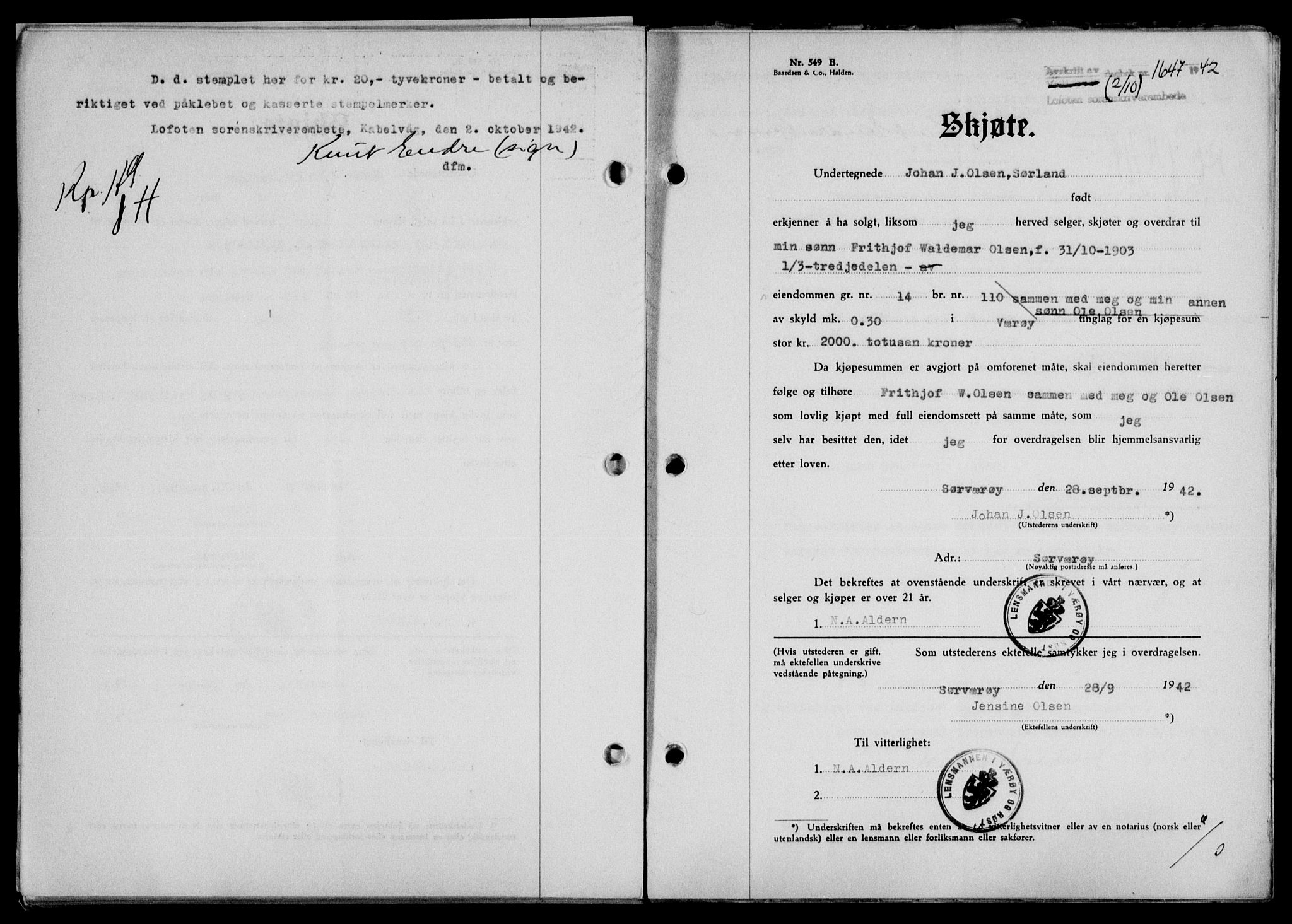 Lofoten sorenskriveri, SAT/A-0017/1/2/2C/L0010a: Mortgage book no. 10a, 1942-1943, Diary no: : 1647/1942