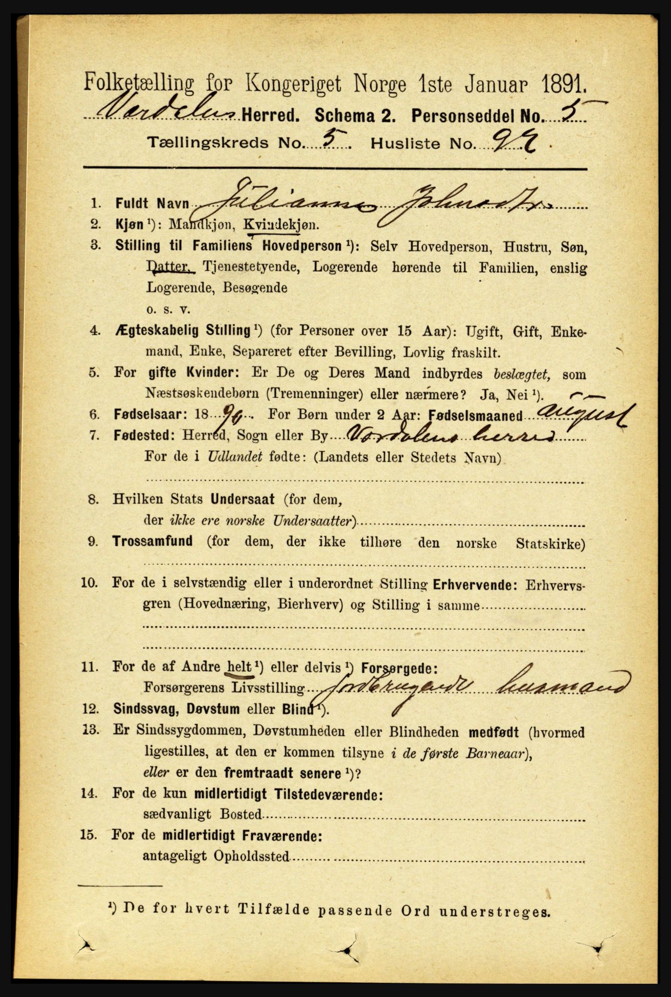 RA, 1891 census for 1721 Verdal, 1891, p. 3485