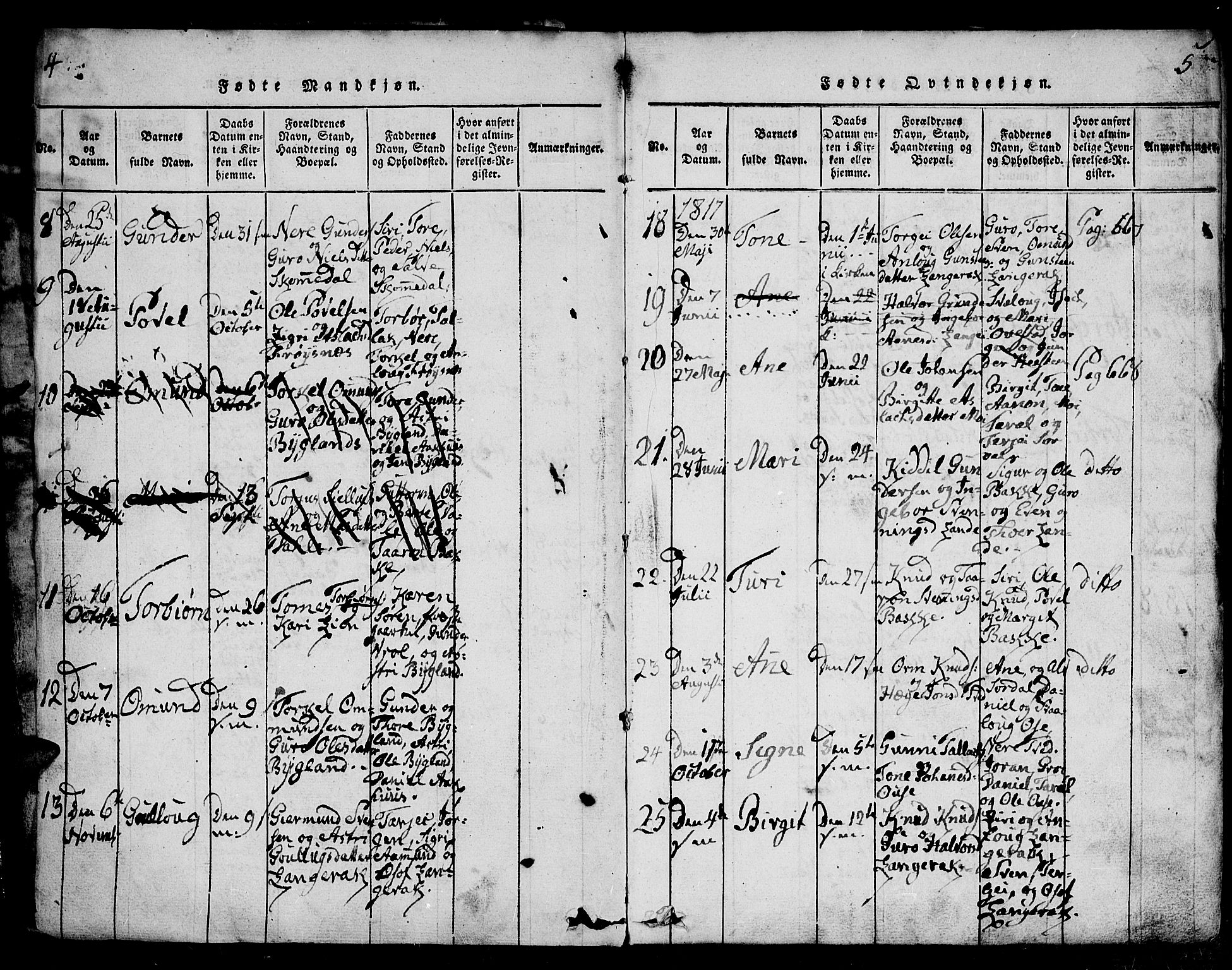 Bygland sokneprestkontor, AV/SAK-1111-0006/F/Fa/Fab/L0003: Parish register (official) no. A 3, 1816-1841, p. 4-5