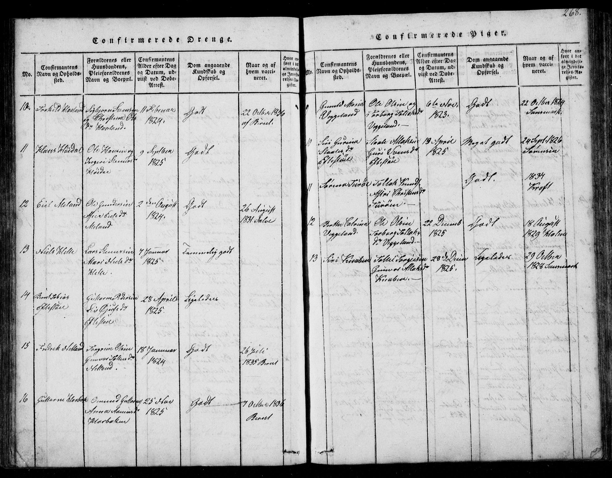 Fjotland sokneprestkontor, AV/SAK-1111-0010/F/Fb/L0001: Parish register (copy) no. B 1, 1816-1849, p. 268