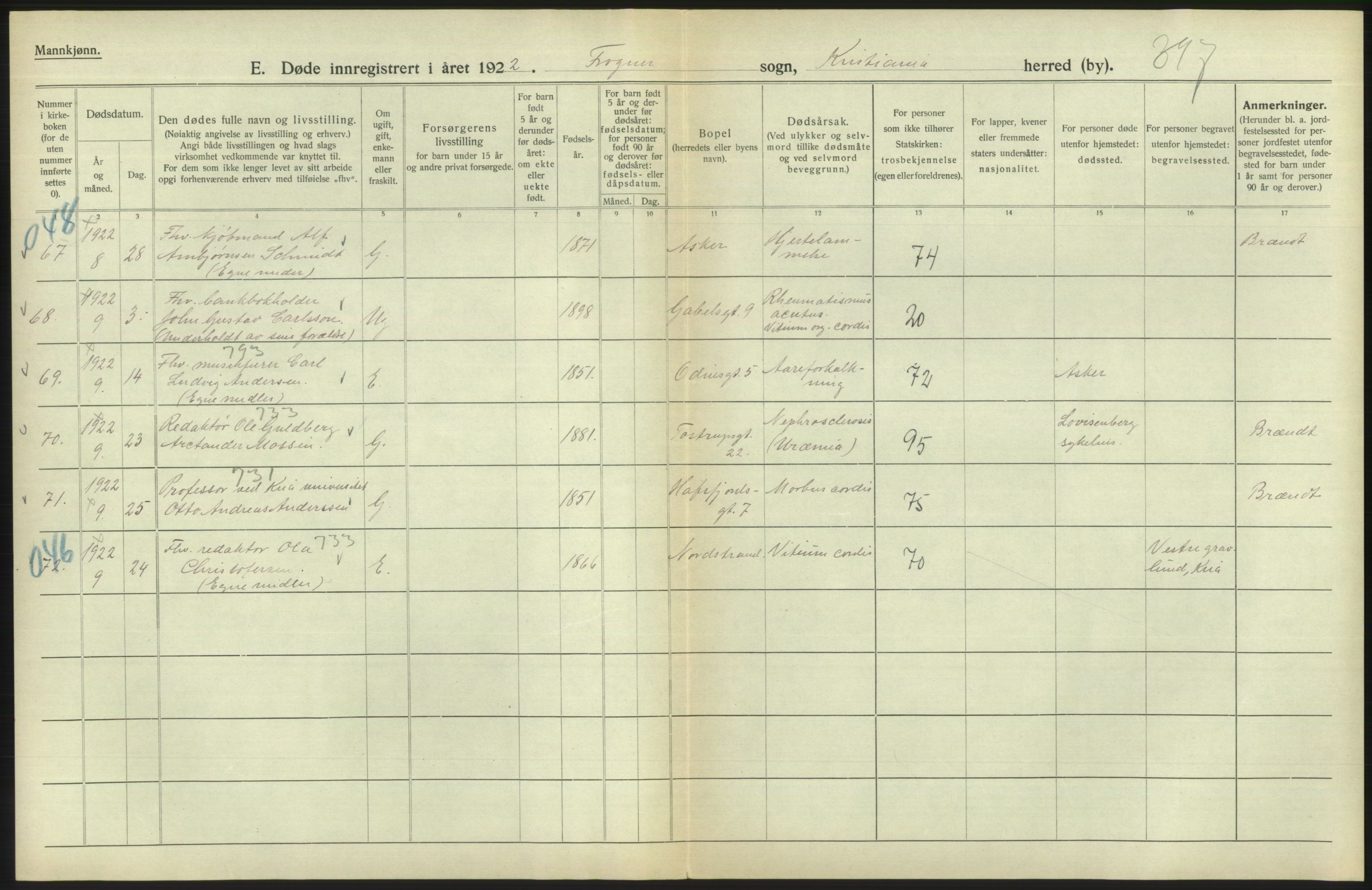 Statistisk sentralbyrå, Sosiodemografiske emner, Befolkning, AV/RA-S-2228/D/Df/Dfc/Dfcb/L0009: Kristiania: Døde, 1922, p. 274