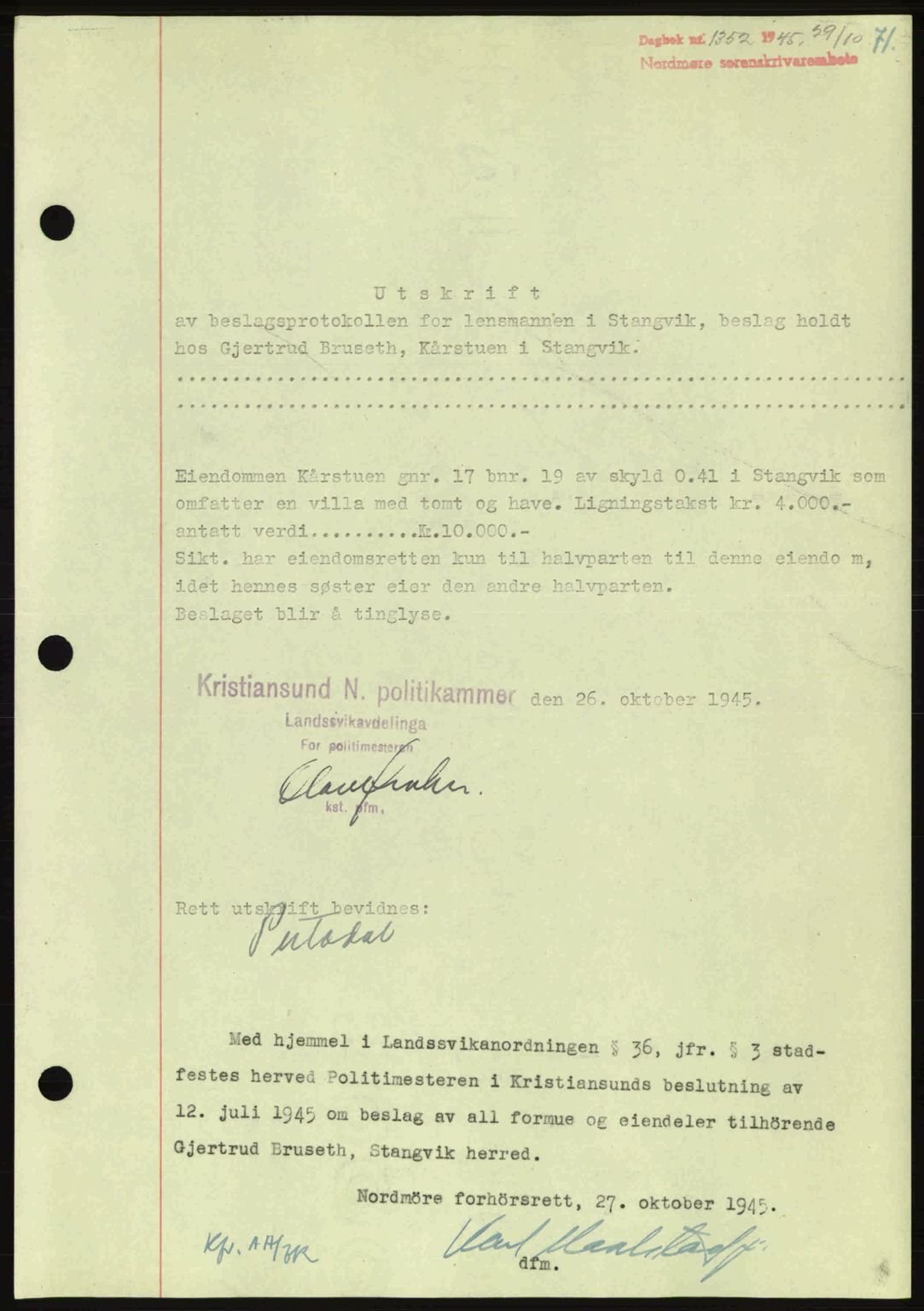 Nordmøre sorenskriveri, AV/SAT-A-4132/1/2/2Ca: Mortgage book no. B93a, 1945-1945, Diary no: : 1352/1945