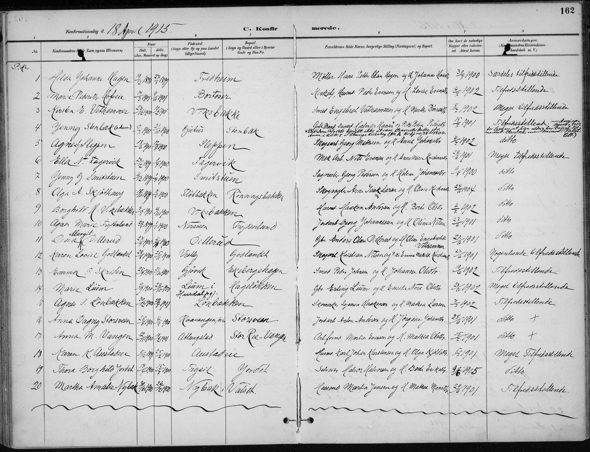 Stange prestekontor, AV/SAH-PREST-002/K/L0023: Parish register (official) no. 23, 1897-1920, p. 162