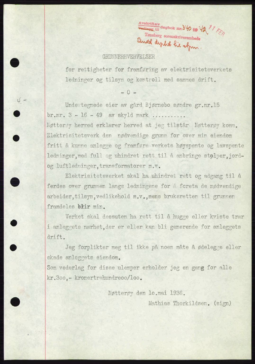 Tønsberg sorenskriveri, AV/SAKO-A-130/G/Ga/Gaa/L0011: Mortgage book no. A11, 1941-1942, Diary no: : 340/1942