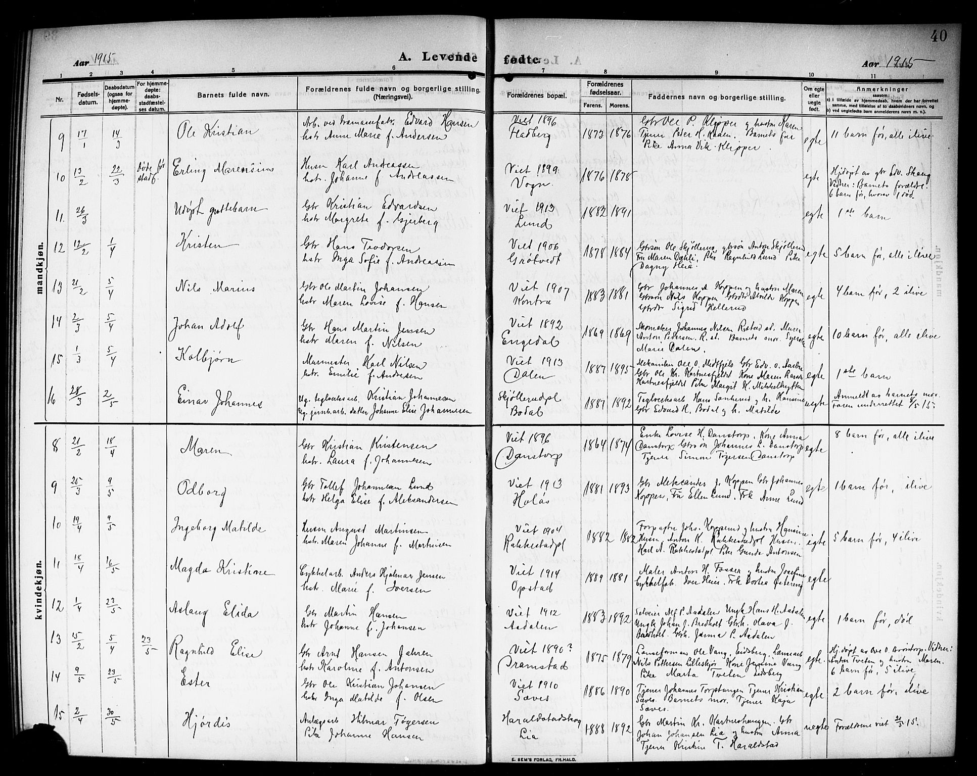 Rakkestad prestekontor Kirkebøker, AV/SAO-A-2008/G/Ga/L0001: Parish register (copy) no. I 1, 1909-1920, p. 40