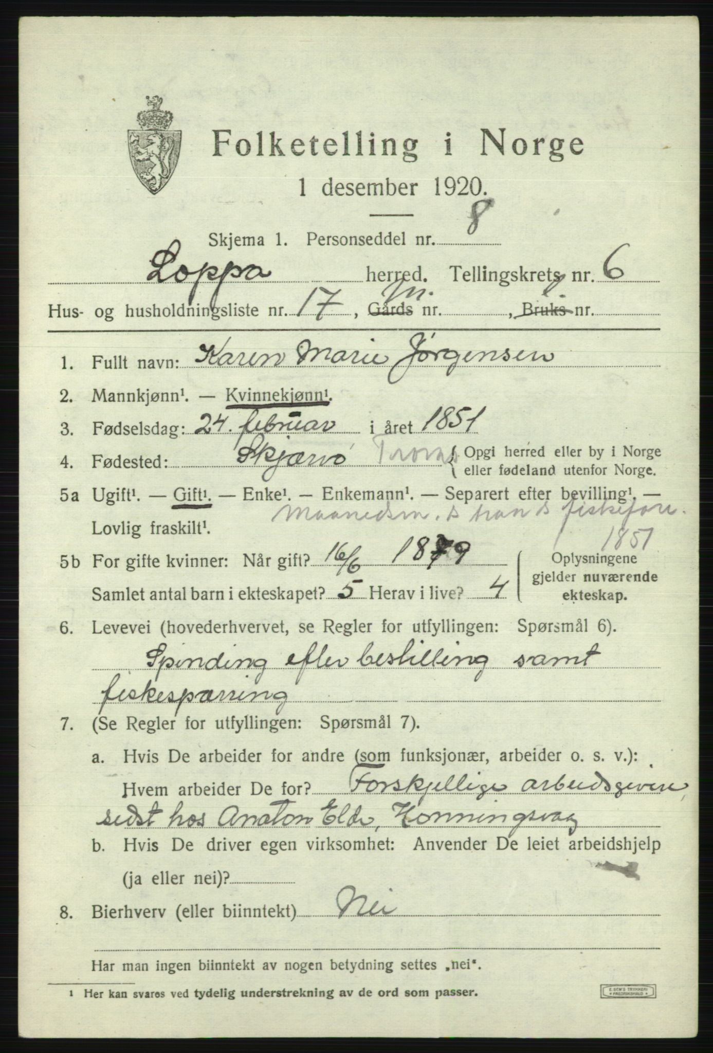 SATØ, 1920 census for Loppa, 1920, p. 2730