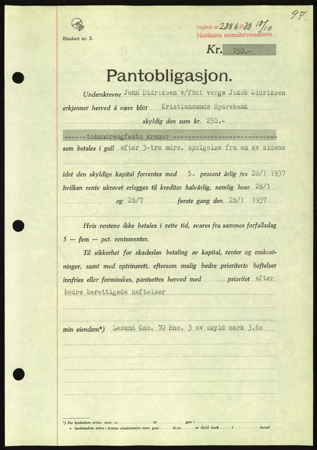 Nordmøre sorenskriveri, SAT/A-4132/1/2/2Ca: Mortgage book no. B84, 1938-1939, Diary no: : 2386/1938