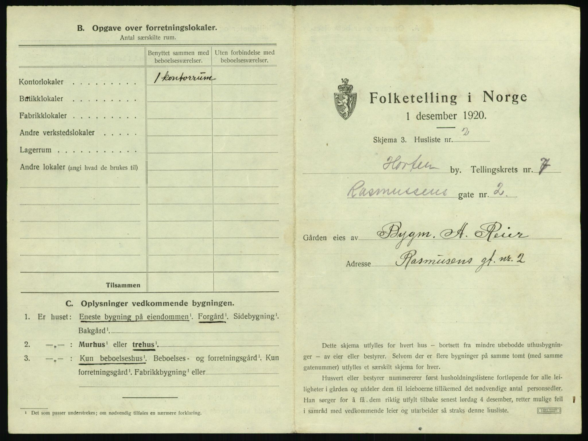 SAKO, 1920 census for Horten, 1920, p. 2399