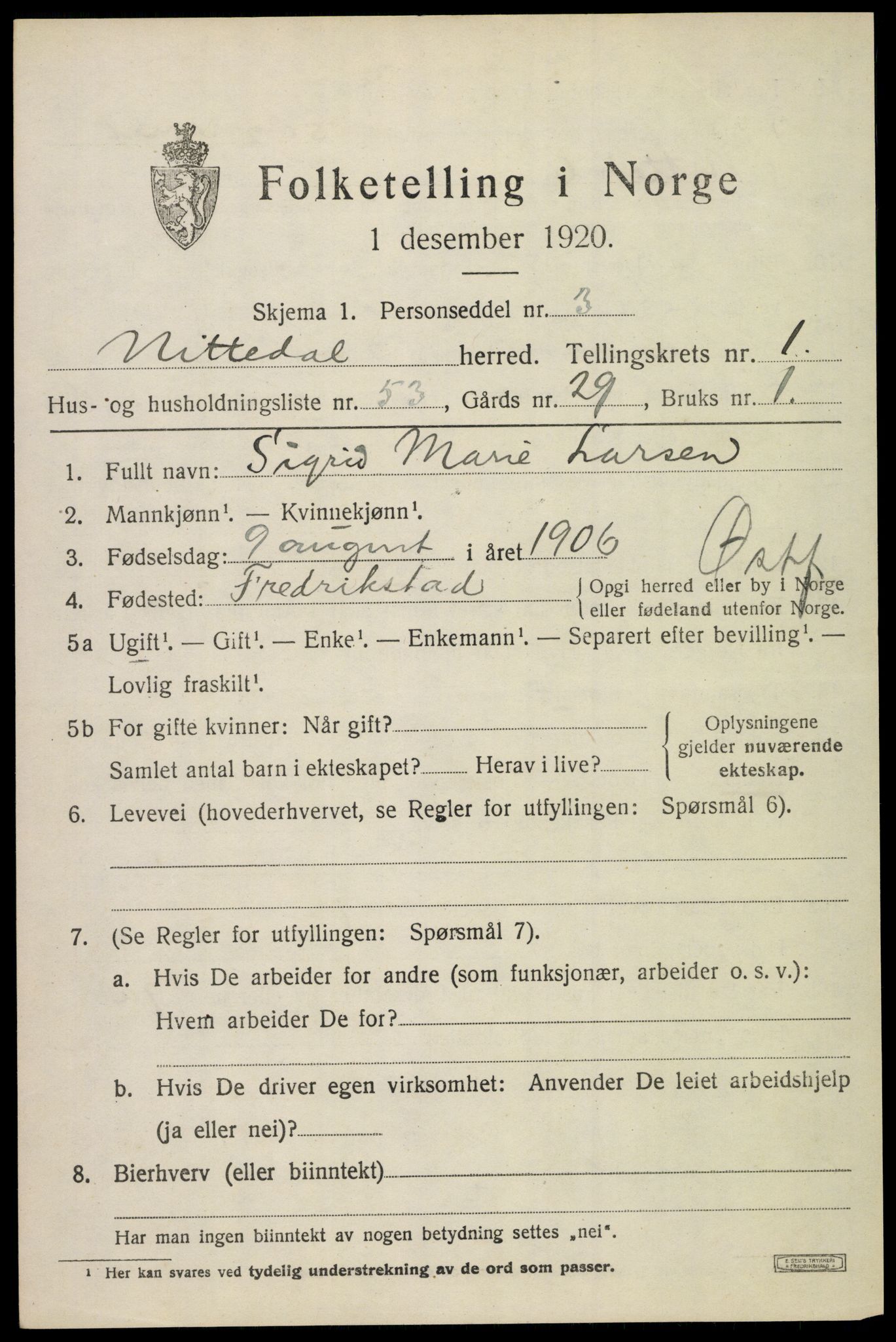 SAO, 1920 census for Nittedal, 1920, p. 1832
