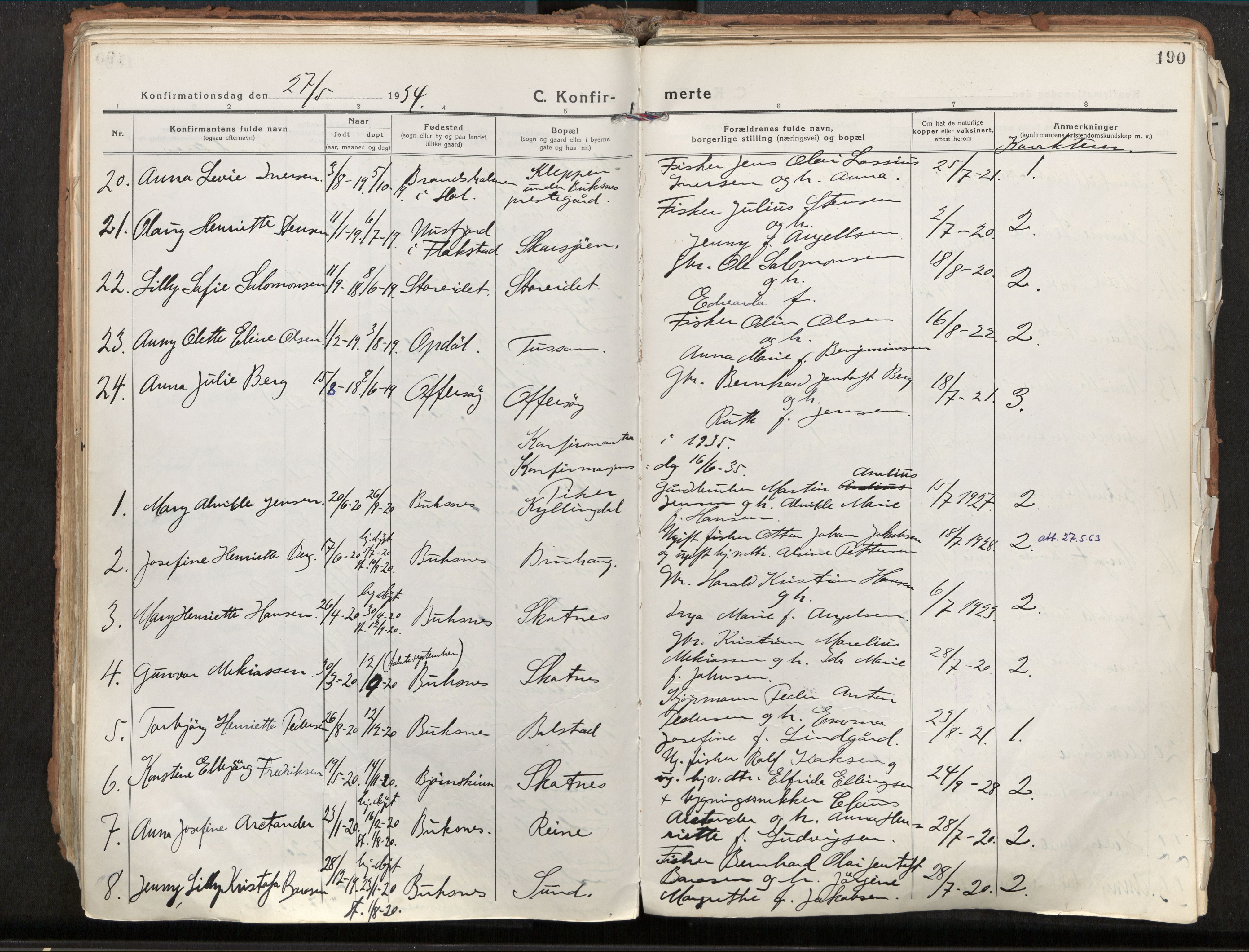 Ministerialprotokoller, klokkerbøker og fødselsregistre - Nordland, AV/SAT-A-1459/881/L1160: Parish register (official) no. 881A13, 1919-1937, p. 190