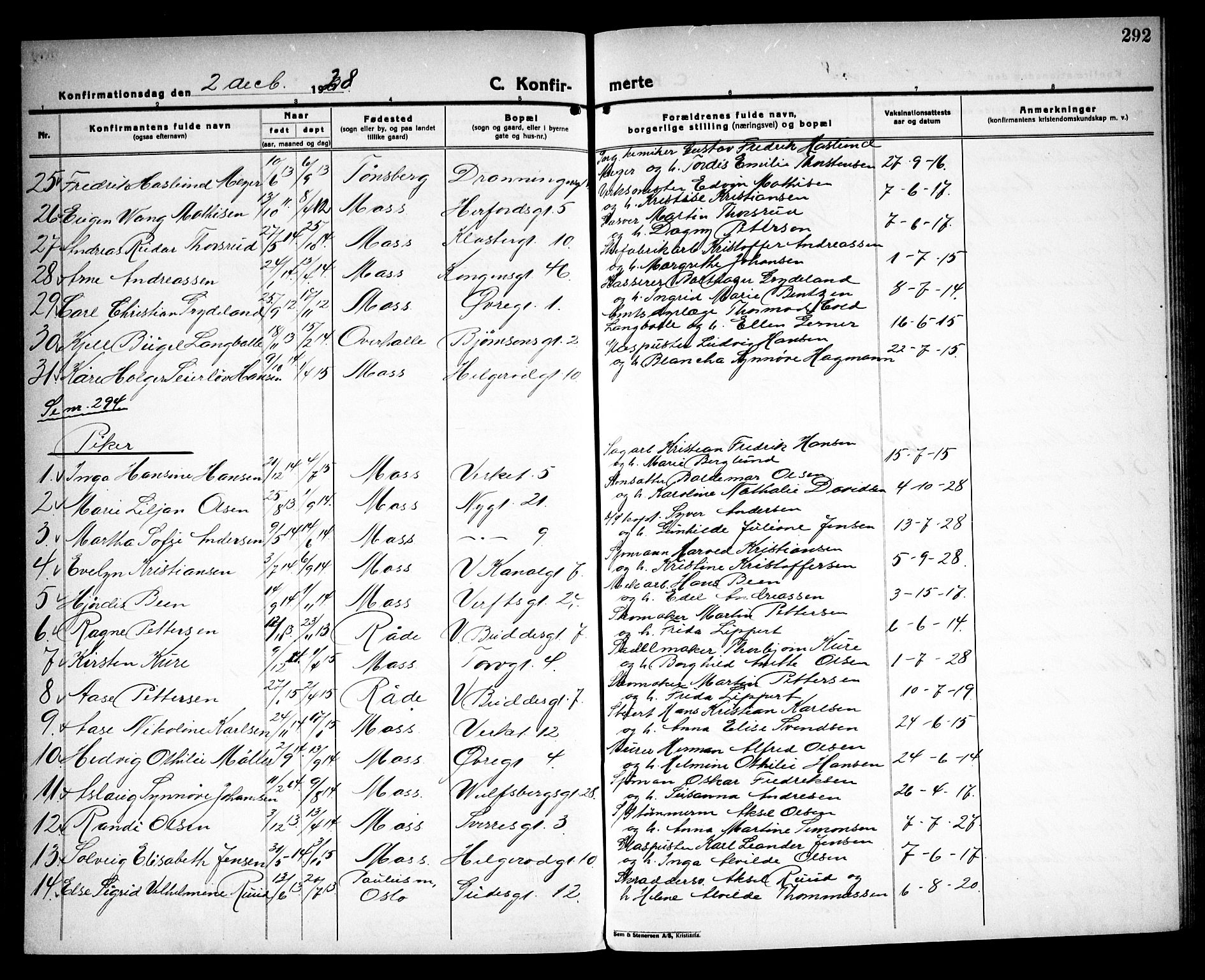 Moss prestekontor Kirkebøker, AV/SAO-A-2003/G/Ga/L0009: Parish register (copy) no. I 9, 1924-1937, p. 292