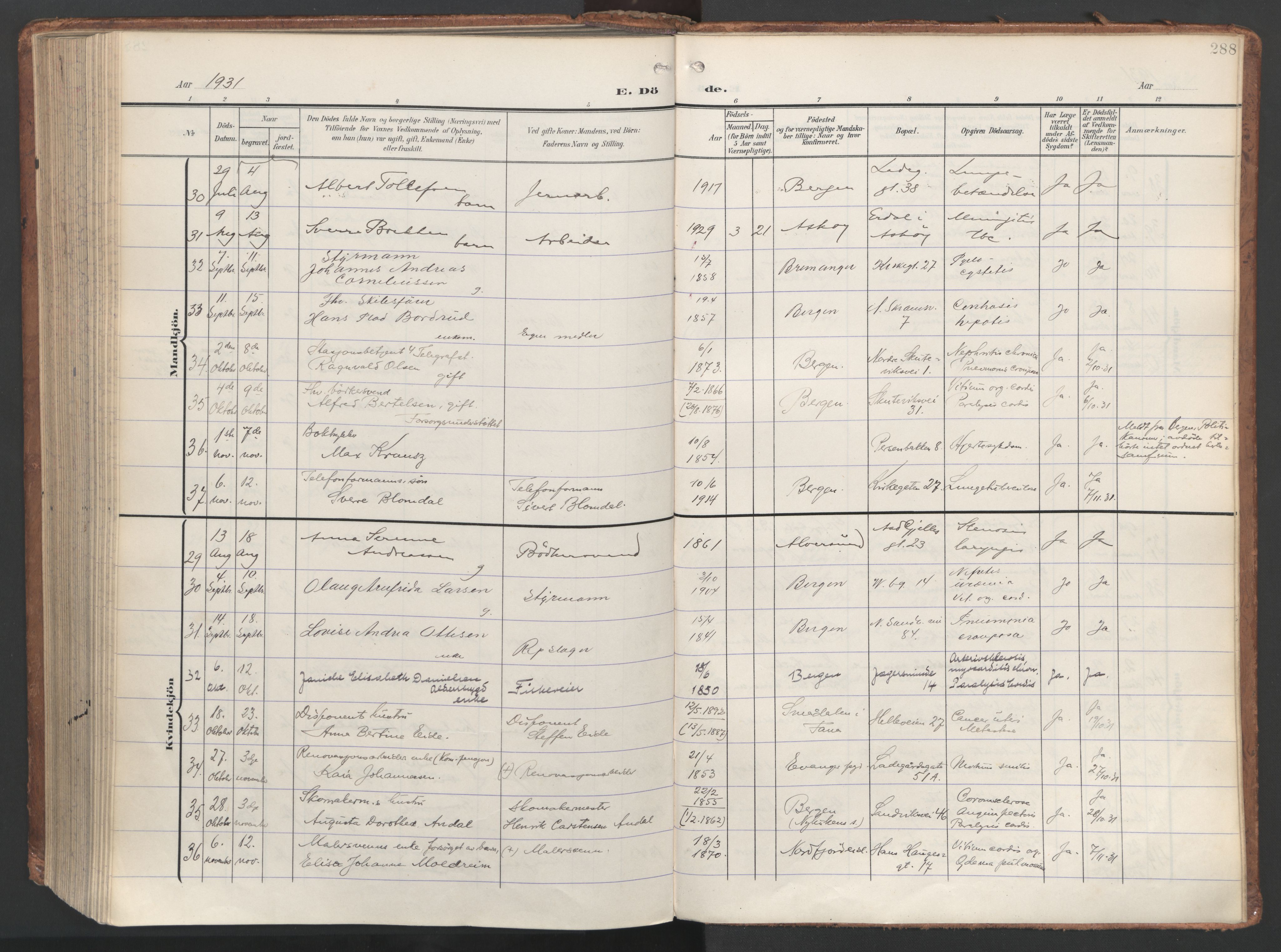 Sandviken Sokneprestembete, SAB/A-77601/H/Ha/L0019: Parish register (official) no. E 2, 1905-1933, p. 288