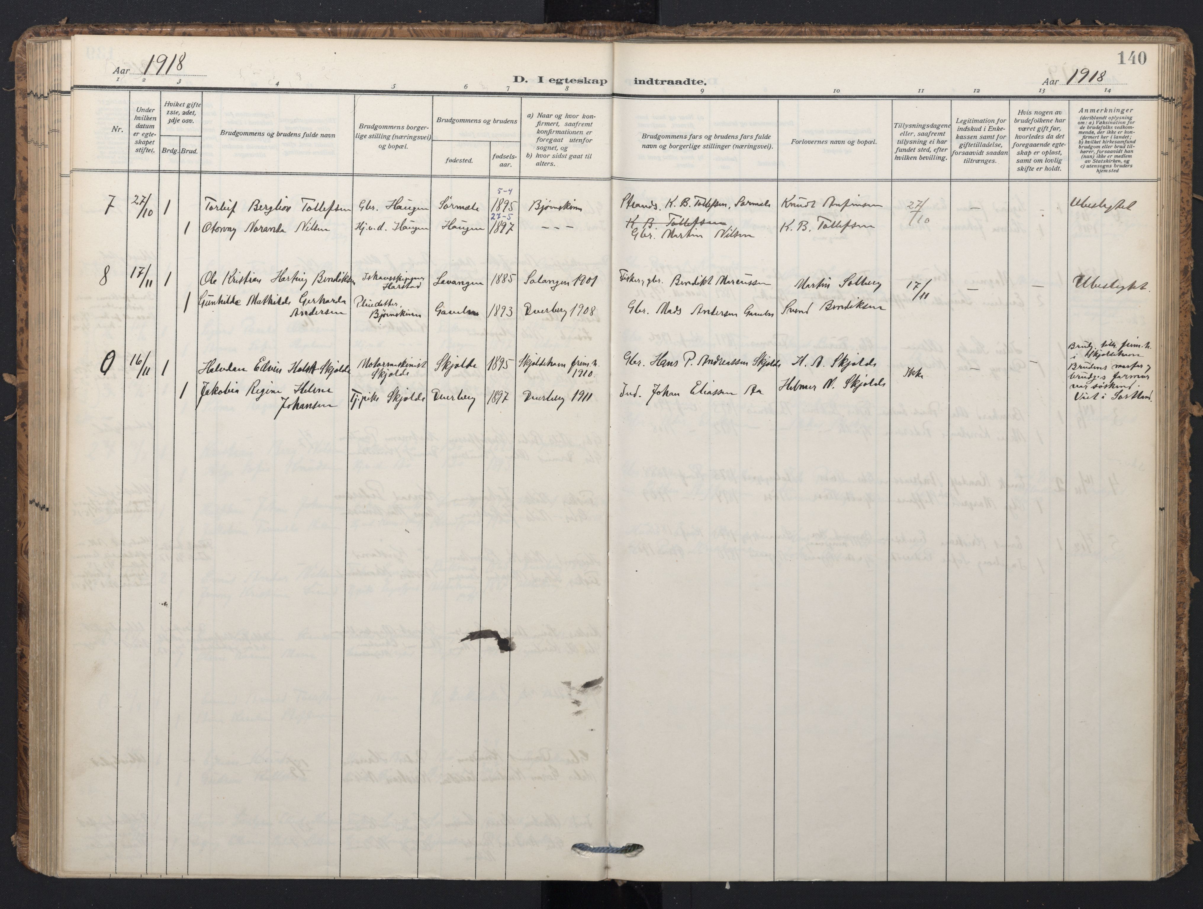 Ministerialprotokoller, klokkerbøker og fødselsregistre - Nordland, SAT/A-1459/898/L1423: Parish register (official) no. 898A03, 1909-1928, p. 140