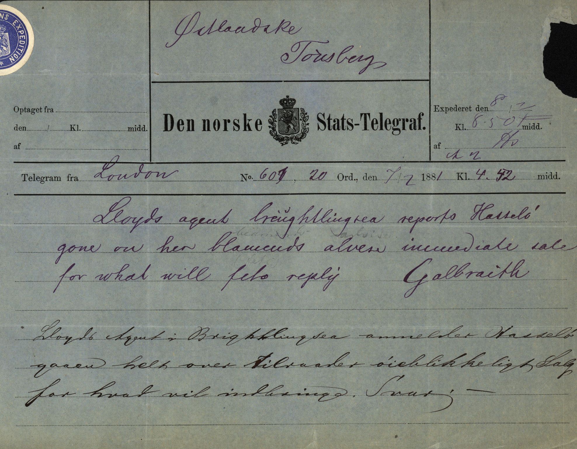 Pa 63 - Østlandske skibsassuranceforening, VEMU/A-1079/G/Ga/L0014/0006: Havaridokumenter / Hasselø, Argonaut, Freyr, 1881, p. 2