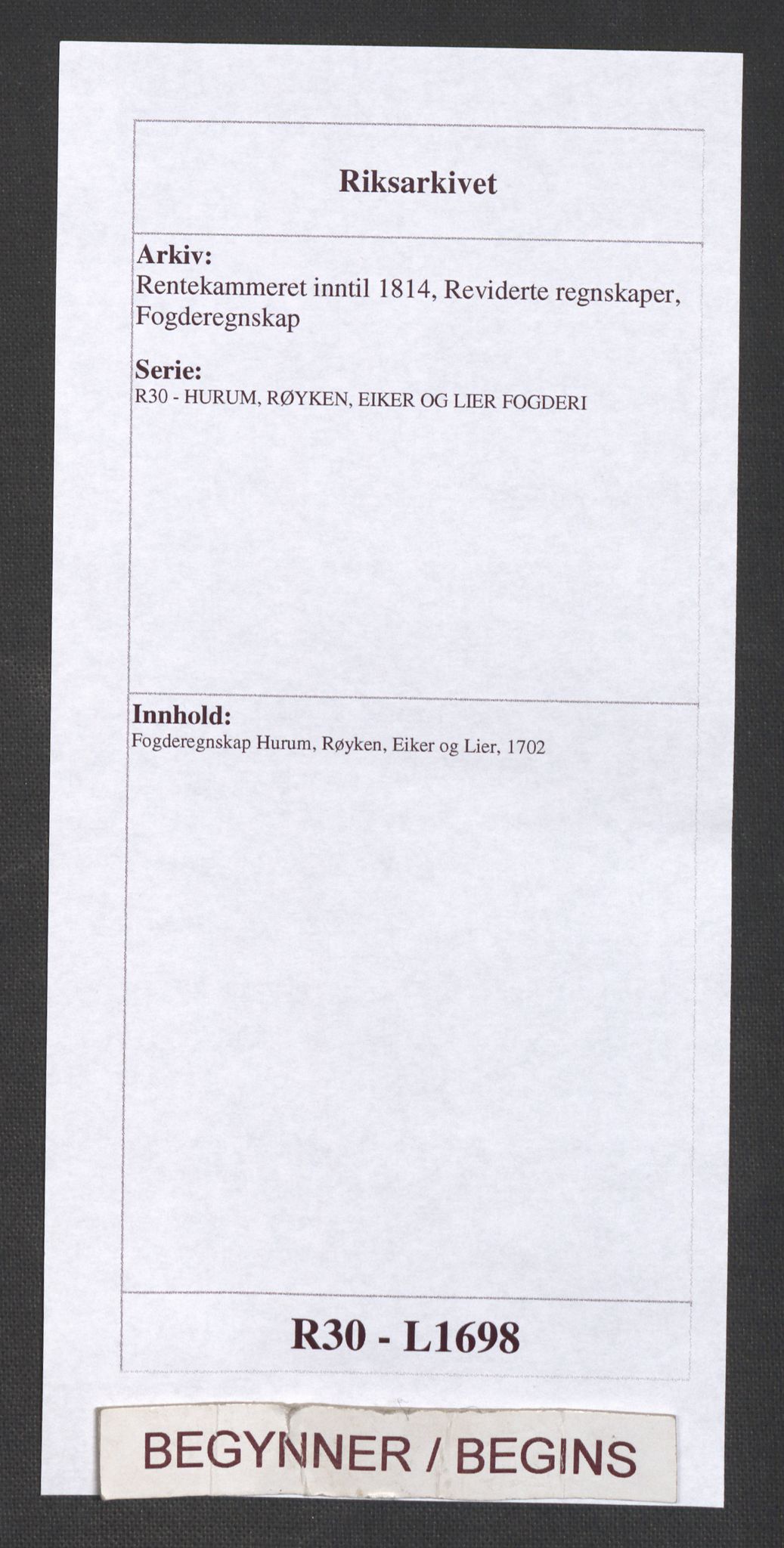 Rentekammeret inntil 1814, Reviderte regnskaper, Fogderegnskap, RA/EA-4092/R30/L1698: Fogderegnskap Hurum, Røyken, Eiker og Lier, 1702, p. 1