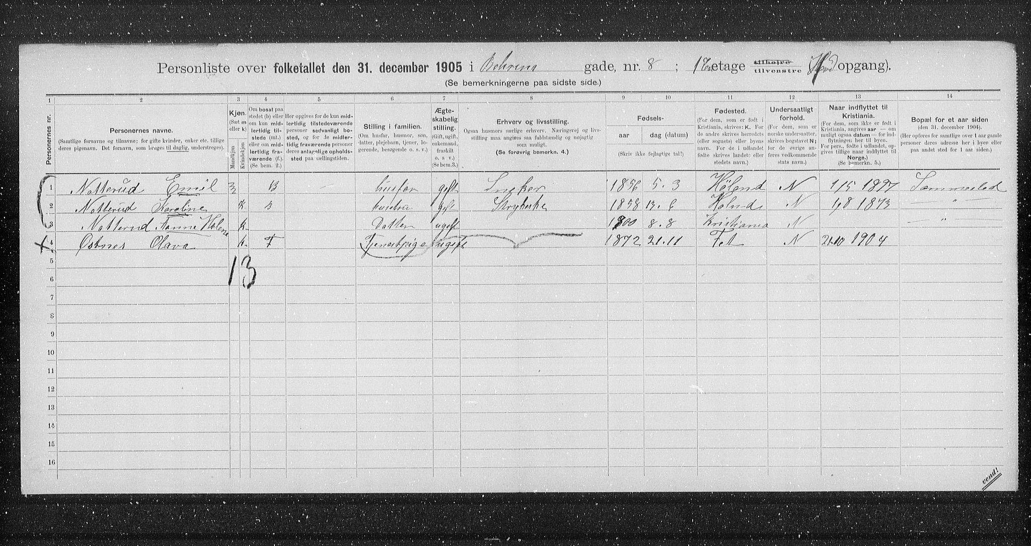 OBA, Municipal Census 1905 for Kristiania, 1905, p. 1762