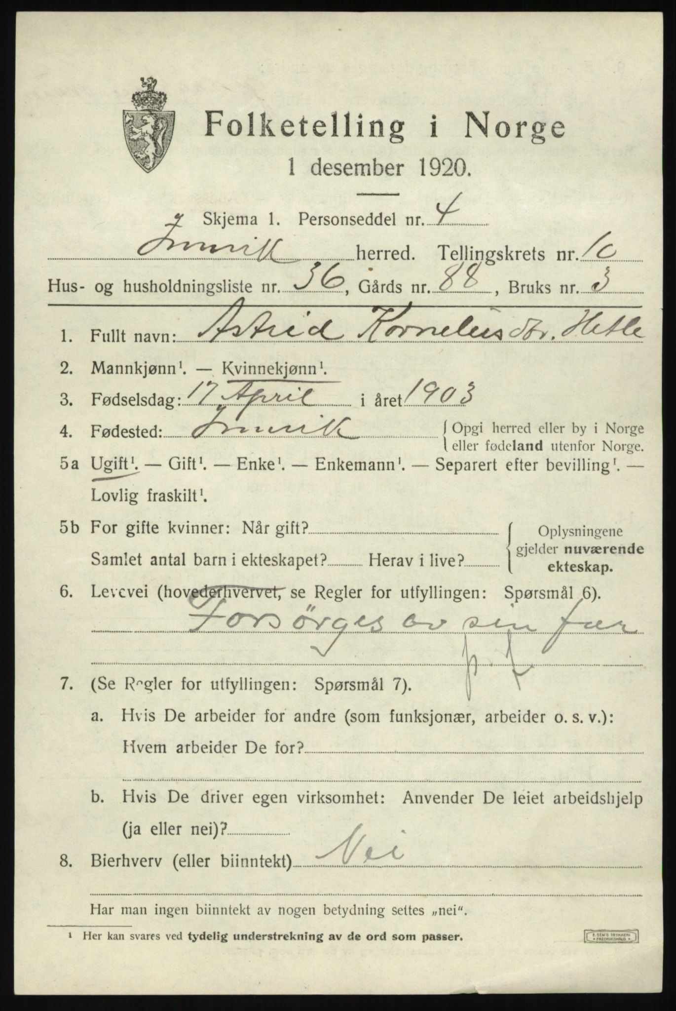 SAB, 1920 census for Innvik, 1920, p. 4527