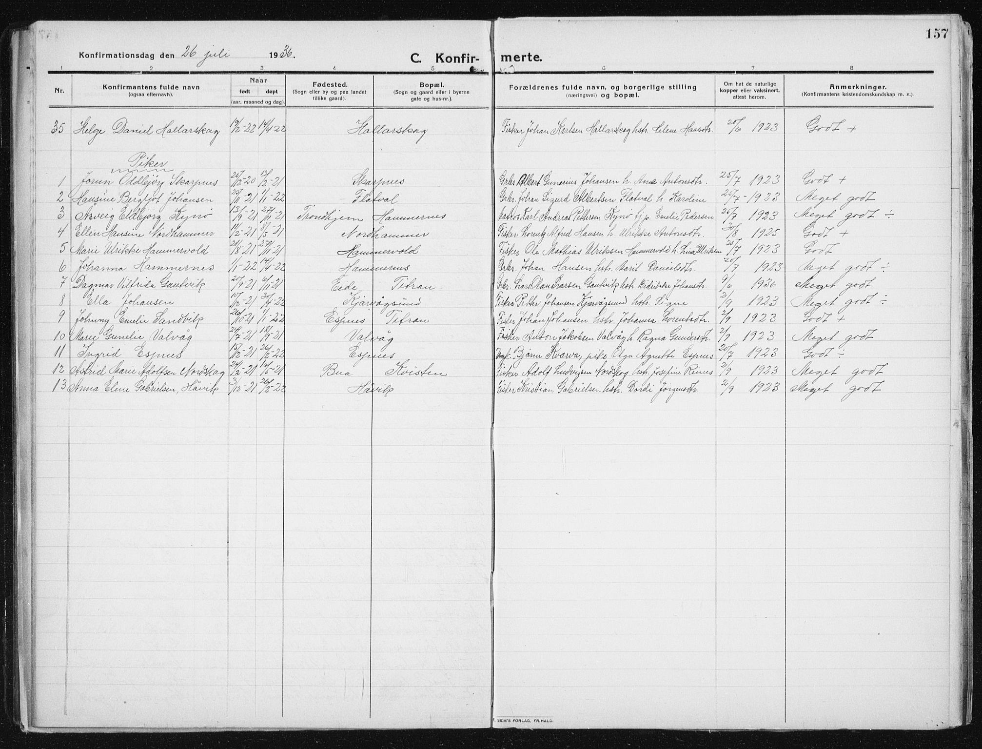 Ministerialprotokoller, klokkerbøker og fødselsregistre - Sør-Trøndelag, SAT/A-1456/641/L0599: Parish register (copy) no. 641C03, 1910-1938, p. 157