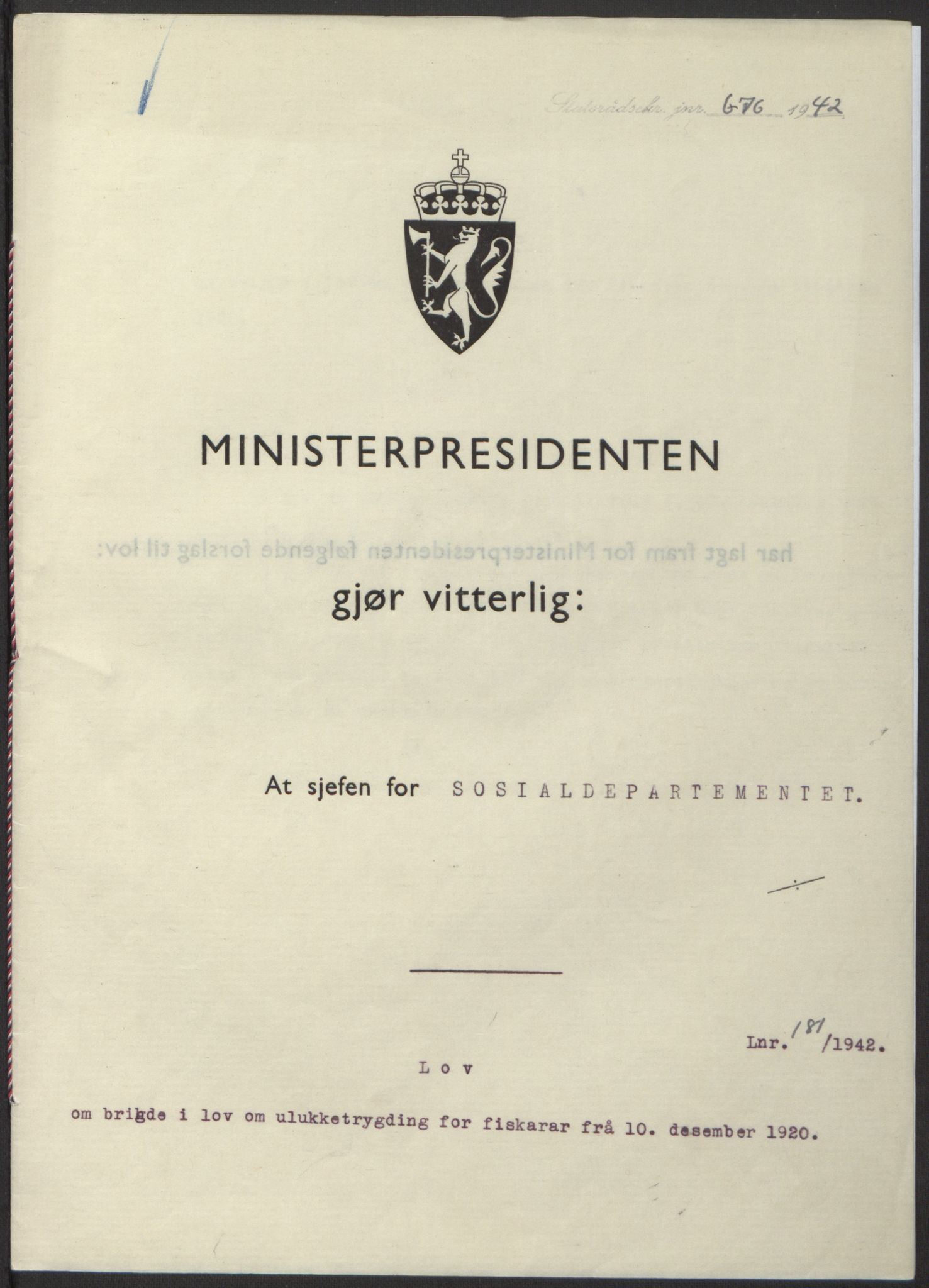 NS-administrasjonen 1940-1945 (Statsrådsekretariatet, de kommisariske statsråder mm), RA/S-4279/D/Db/L0098: Lover II, 1942, p. 323