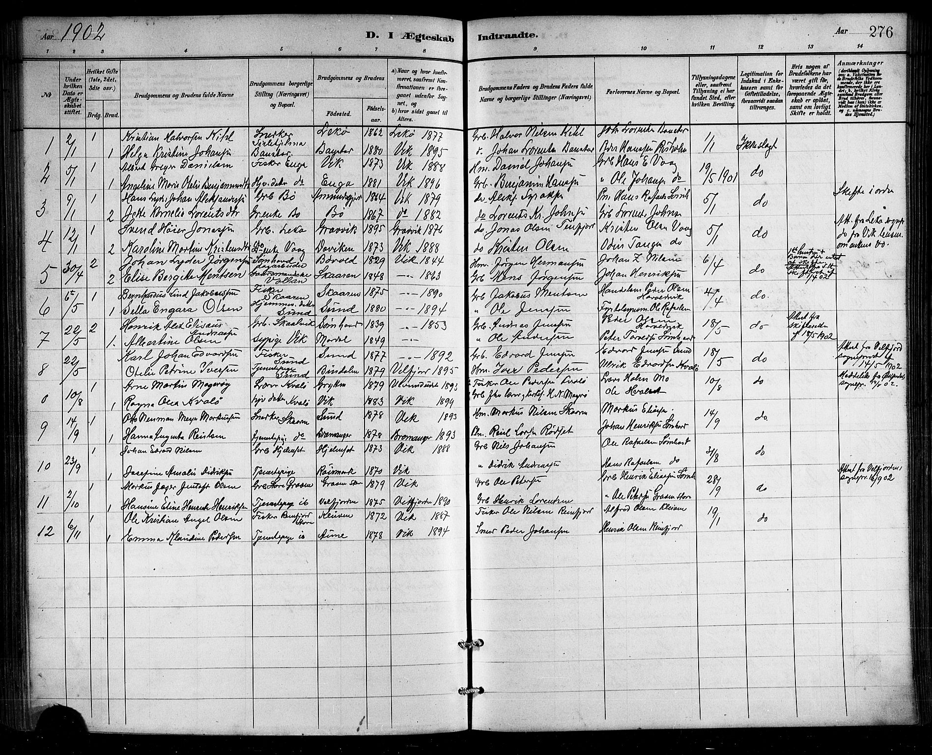 Ministerialprotokoller, klokkerbøker og fødselsregistre - Nordland, AV/SAT-A-1459/812/L0188: Parish register (copy) no. 812C06, 1884-1912, p. 276