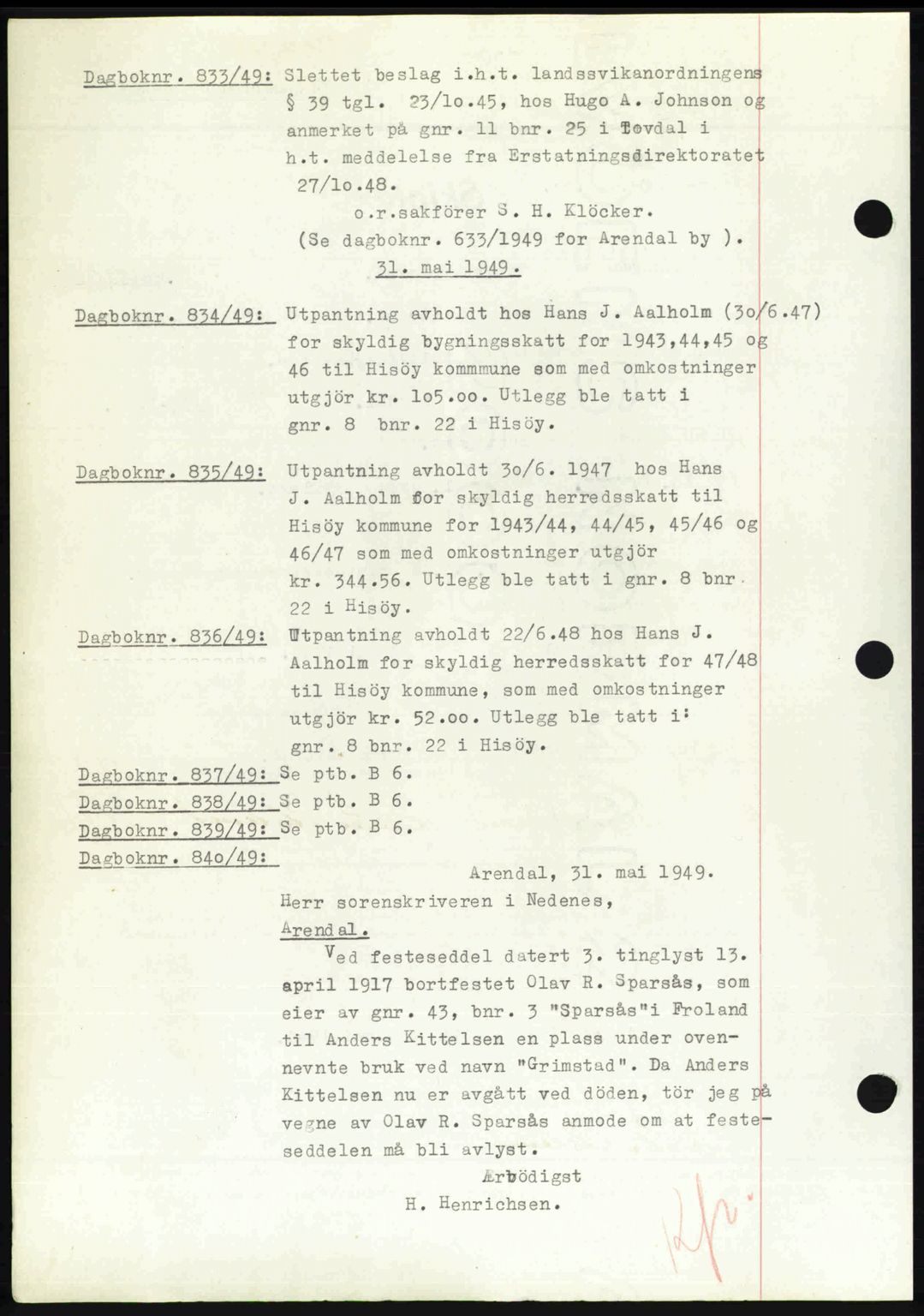 Nedenes sorenskriveri, SAK/1221-0006/G/Gb/Gba/L0060: Mortgage book no. A12, 1948-1949, Diary no: : 833/1949