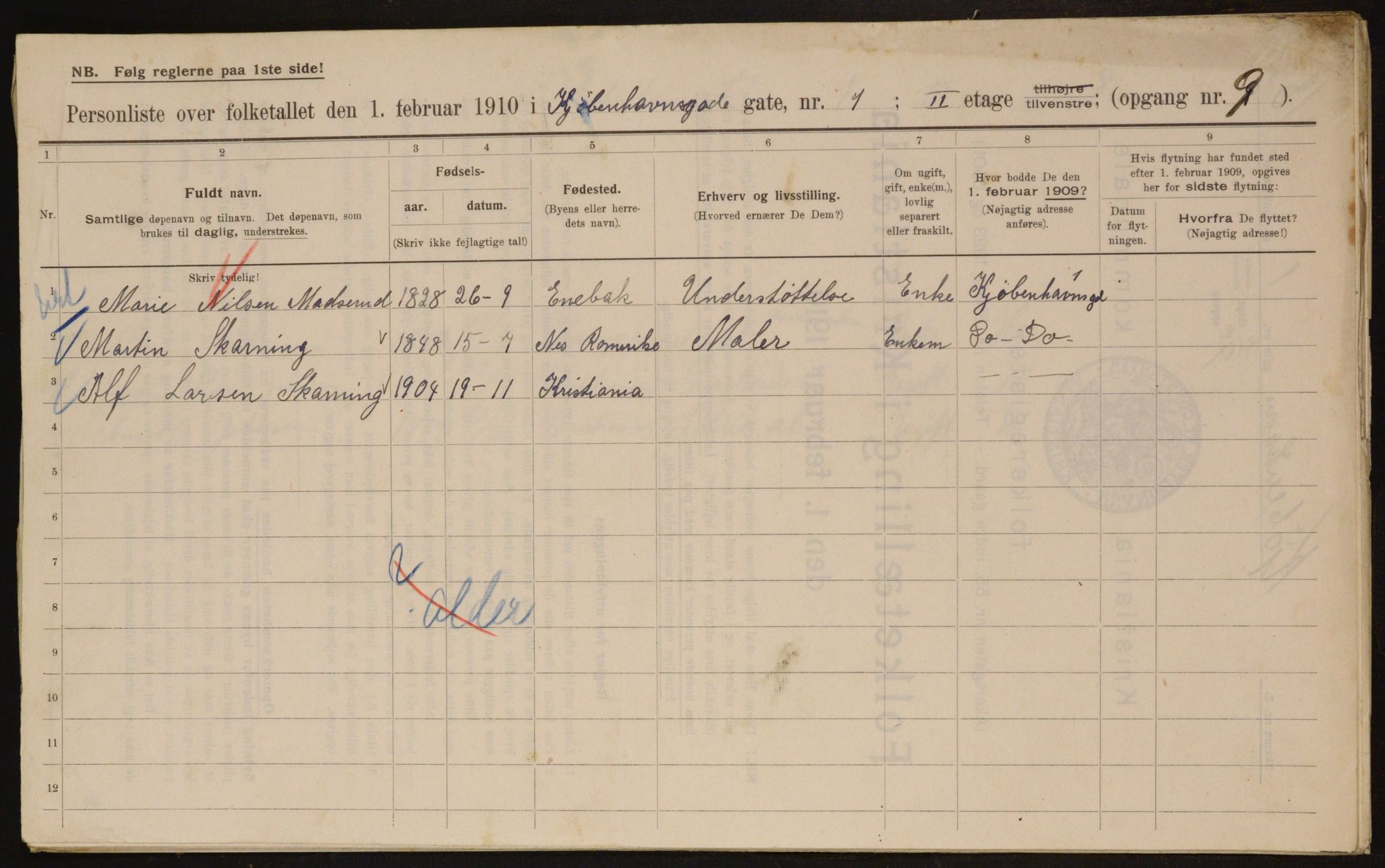 OBA, Municipal Census 1910 for Kristiania, 1910, p. 49839