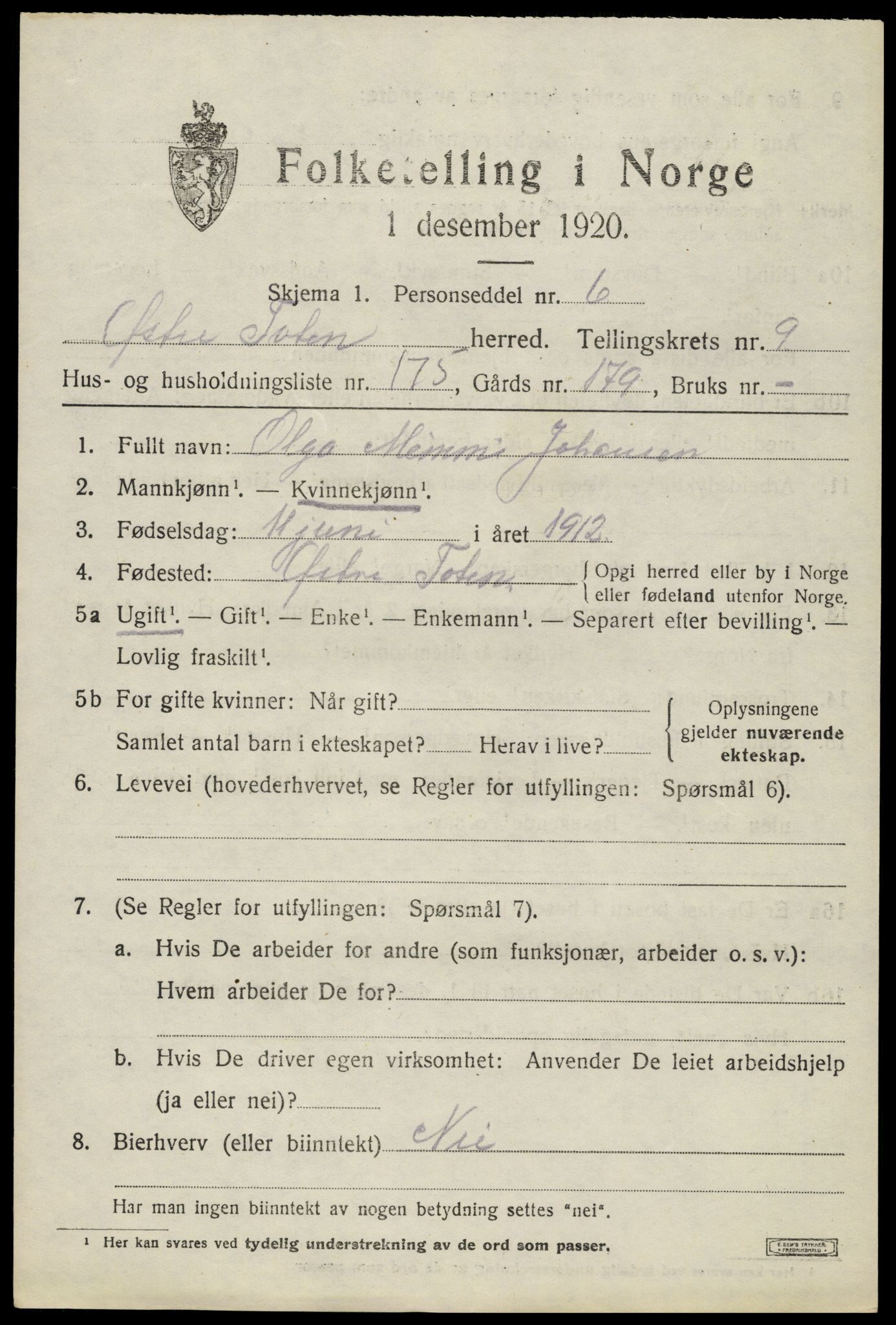 SAH, 1920 census for Østre Toten, 1920, p. 20352