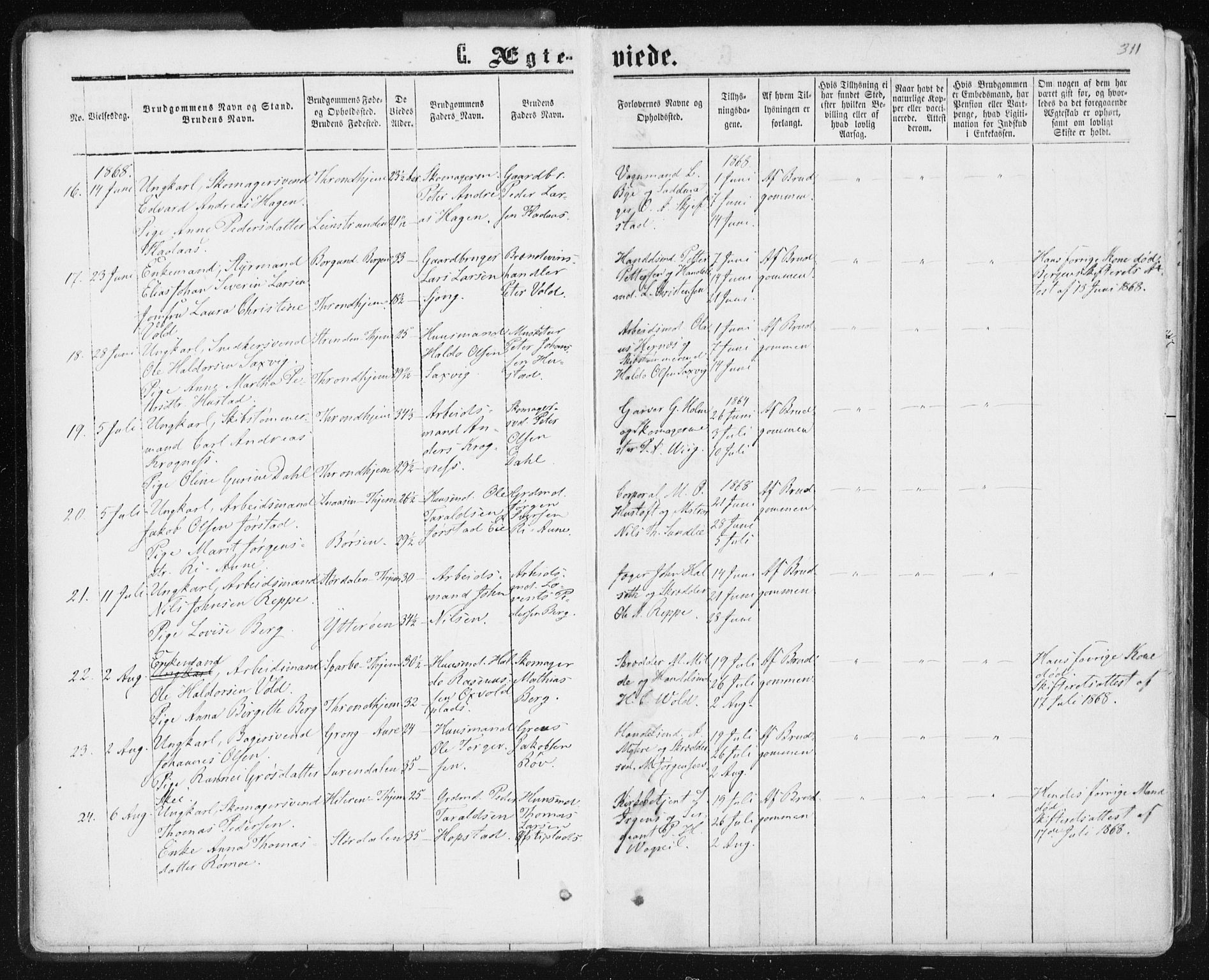 Ministerialprotokoller, klokkerbøker og fødselsregistre - Sør-Trøndelag, AV/SAT-A-1456/601/L0055: Parish register (official) no. 601A23, 1866-1877, p. 311