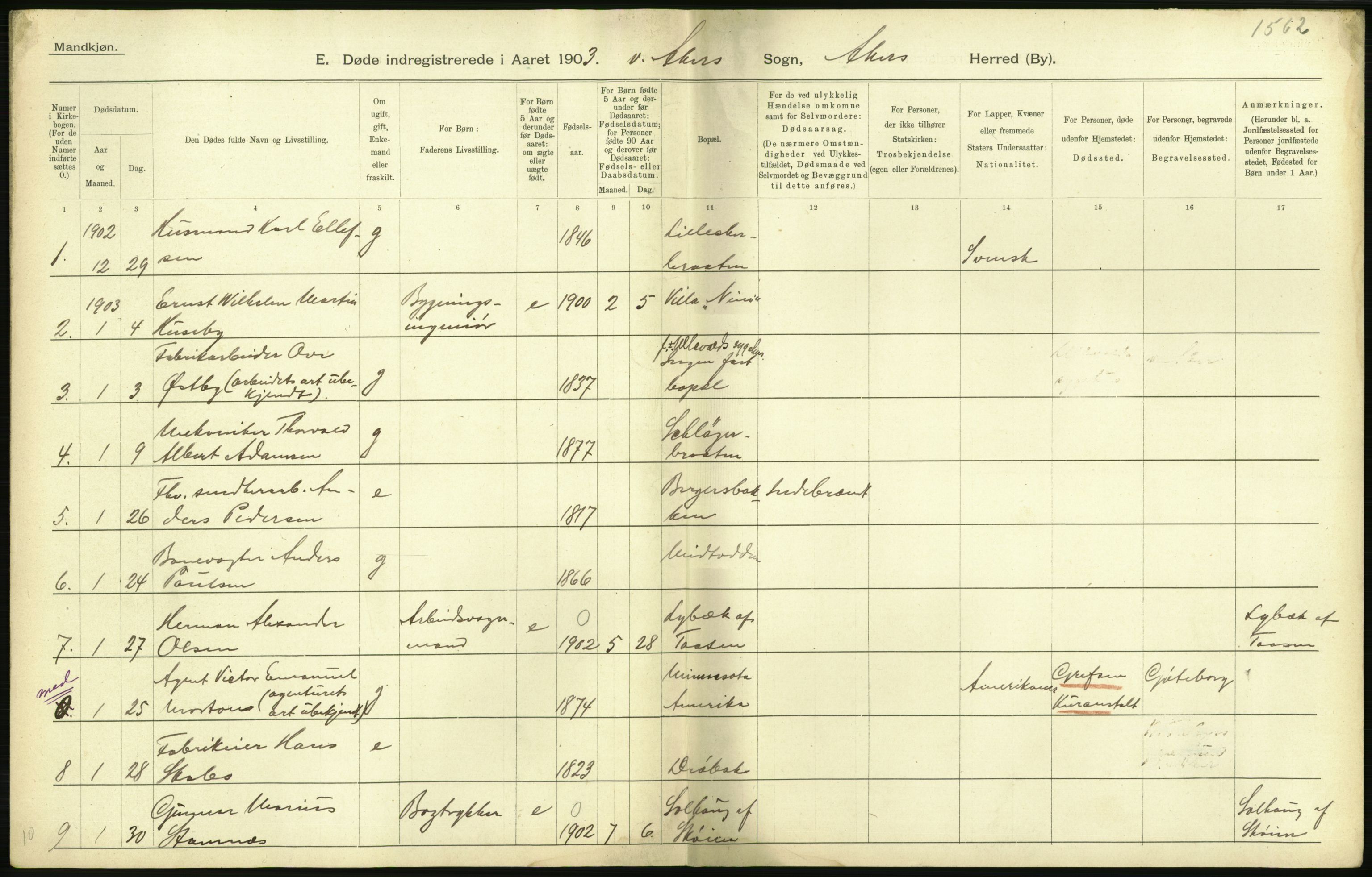 Statistisk sentralbyrå, Sosiodemografiske emner, Befolkning, AV/RA-S-2228/D/Df/Dfa/Dfaa/L0002: Akershus amt: Fødte, gifte, døde, 1903, p. 556