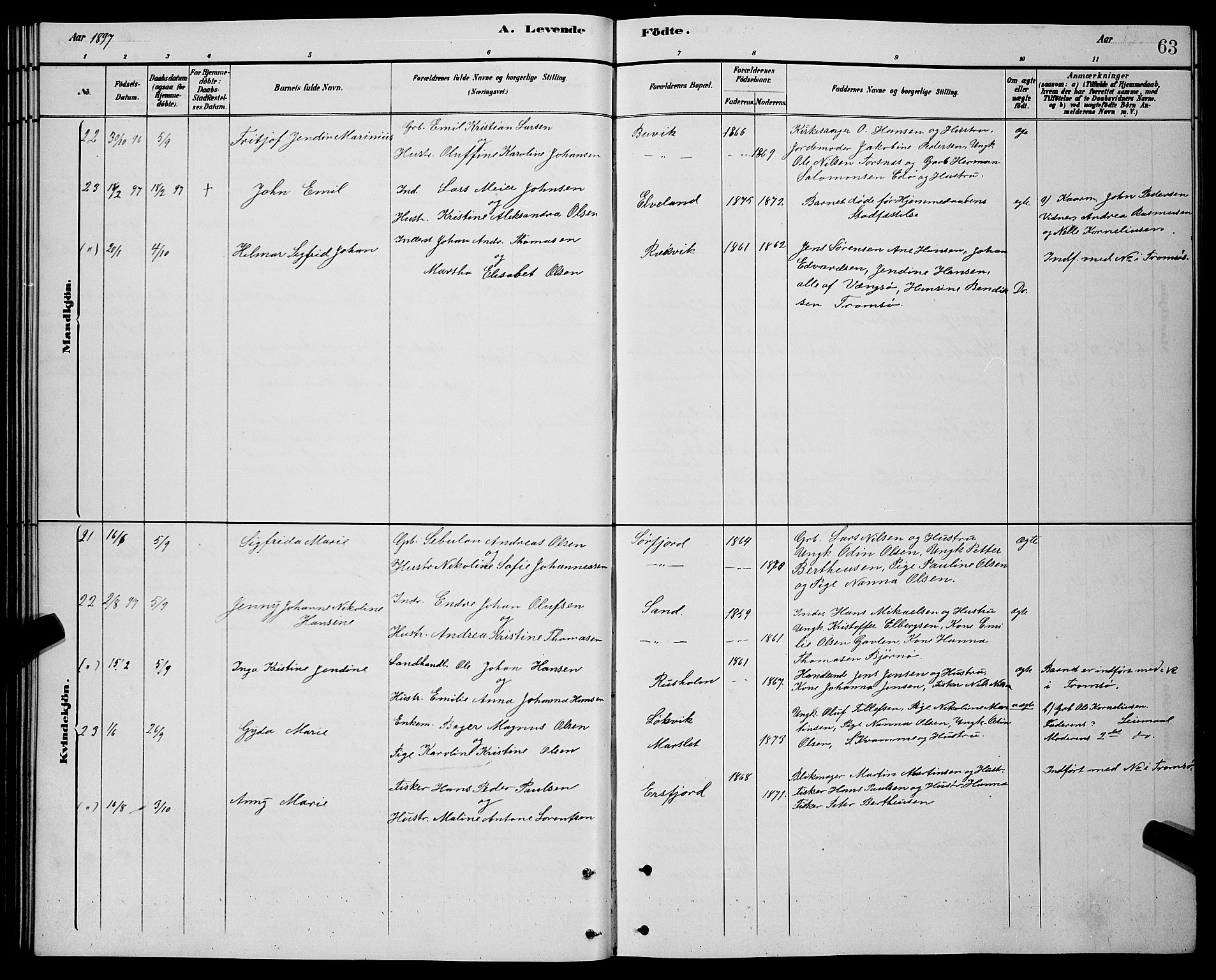 Lenvik sokneprestembete, AV/SATØ-S-1310/H/Ha/Hab/L0021klokker: Parish register (copy) no. 21, 1884-1900, p. 63