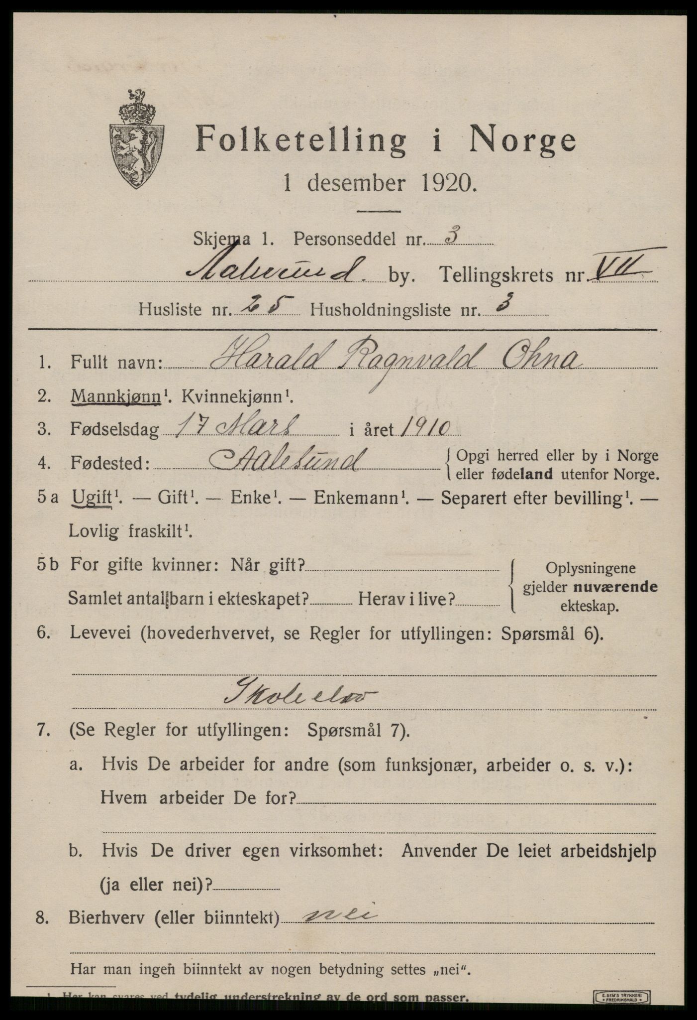 SAT, 1920 census for Ålesund, 1920, p. 20036