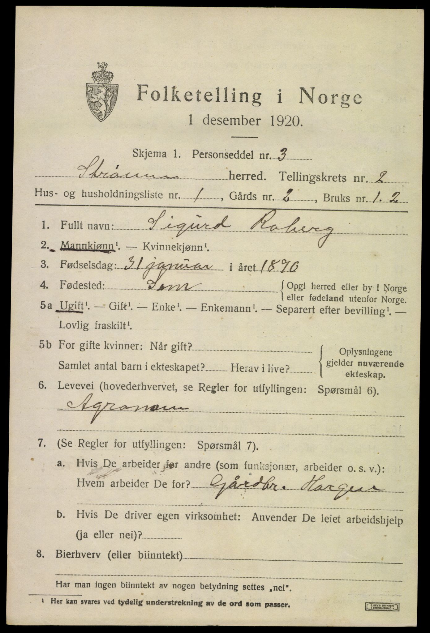 SAKO, 1920 census for Strømm, 1920, p. 1581