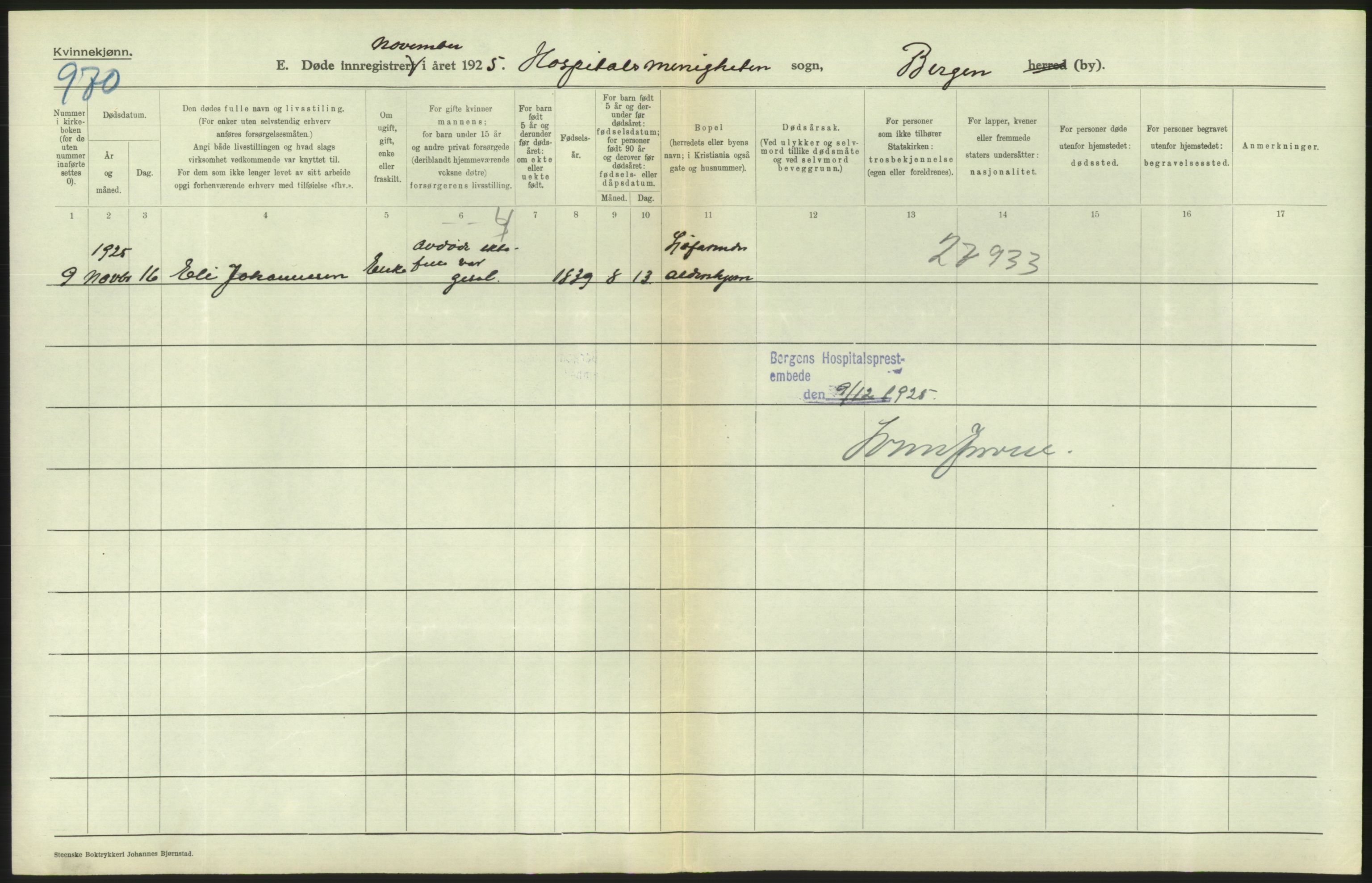 Statistisk sentralbyrå, Sosiodemografiske emner, Befolkning, RA/S-2228/D/Df/Dfc/Dfce/L0029: Bergen: Gifte, døde., 1925, p. 788