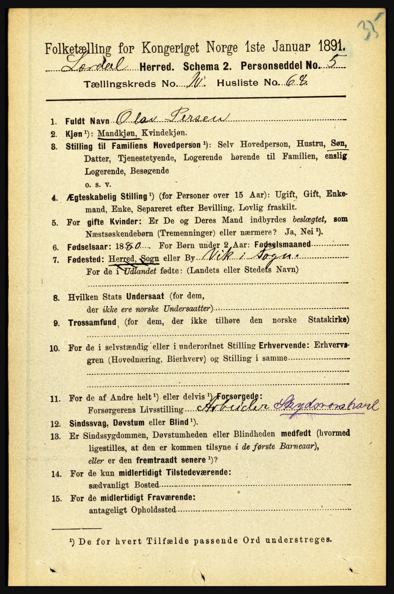 RA, 1891 census for 1422 Lærdal, 1891, p. 2090