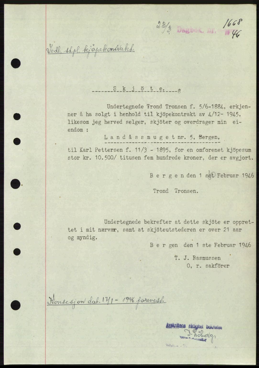 Byfogd og Byskriver i Bergen, SAB/A-3401/03/03Bc/L0022: Mortgage book no. A18, 1946-1946, Diary no: : 1668/1946