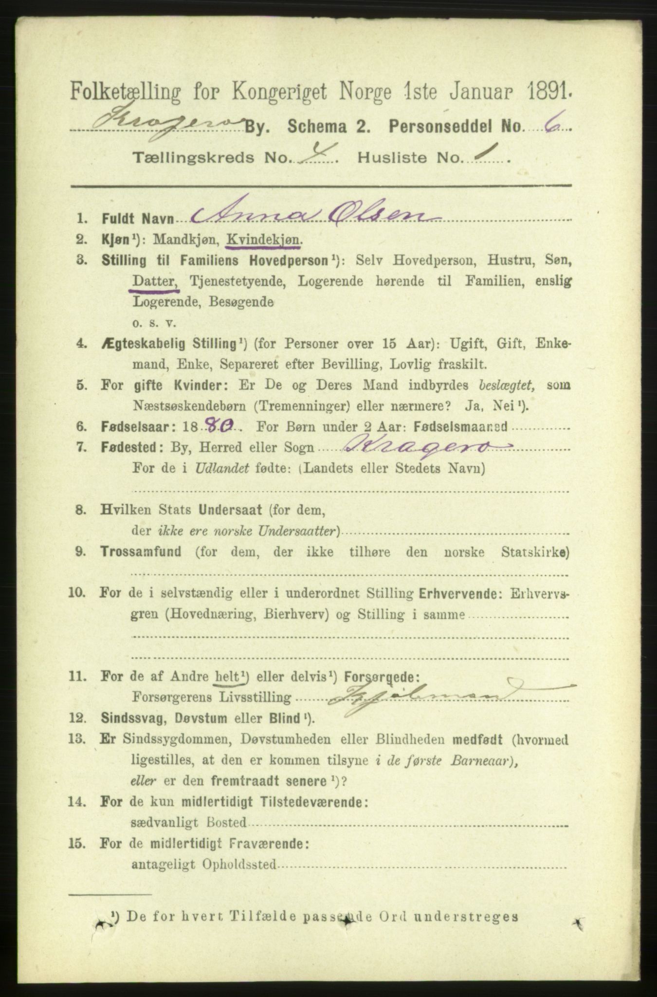 RA, 1891 census for 0801 Kragerø, 1891, p. 2801