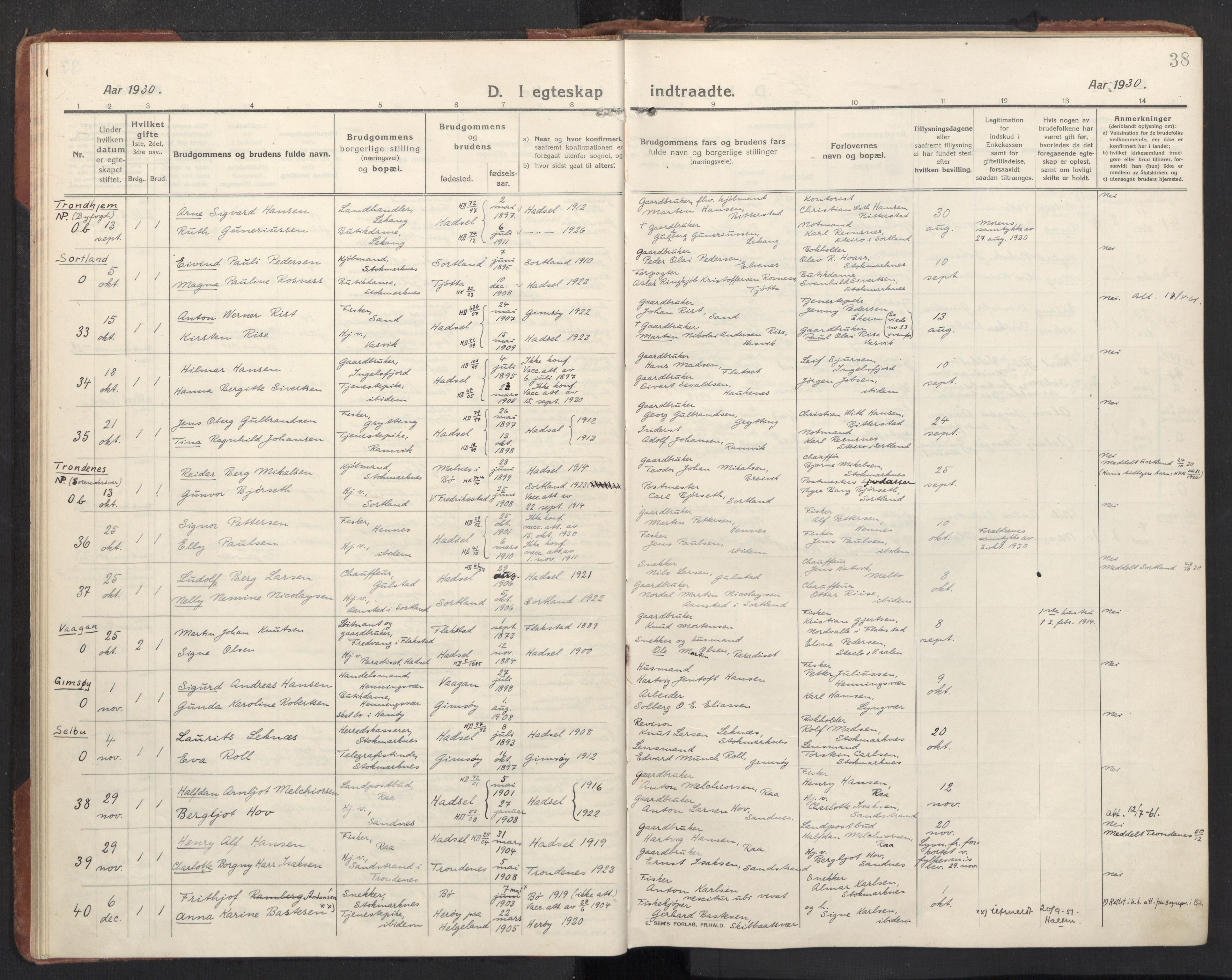 Ministerialprotokoller, klokkerbøker og fødselsregistre - Nordland, AV/SAT-A-1459/888/L1269: Parish register (copy) no. 888C11, 1913-1937, p. 38