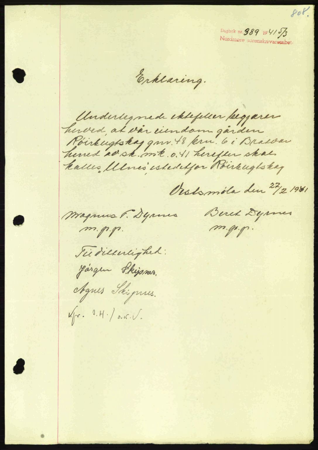 Nordmøre sorenskriveri, AV/SAT-A-4132/1/2/2Ca: Mortgage book no. B87, 1940-1941, Diary no: : 389/1941