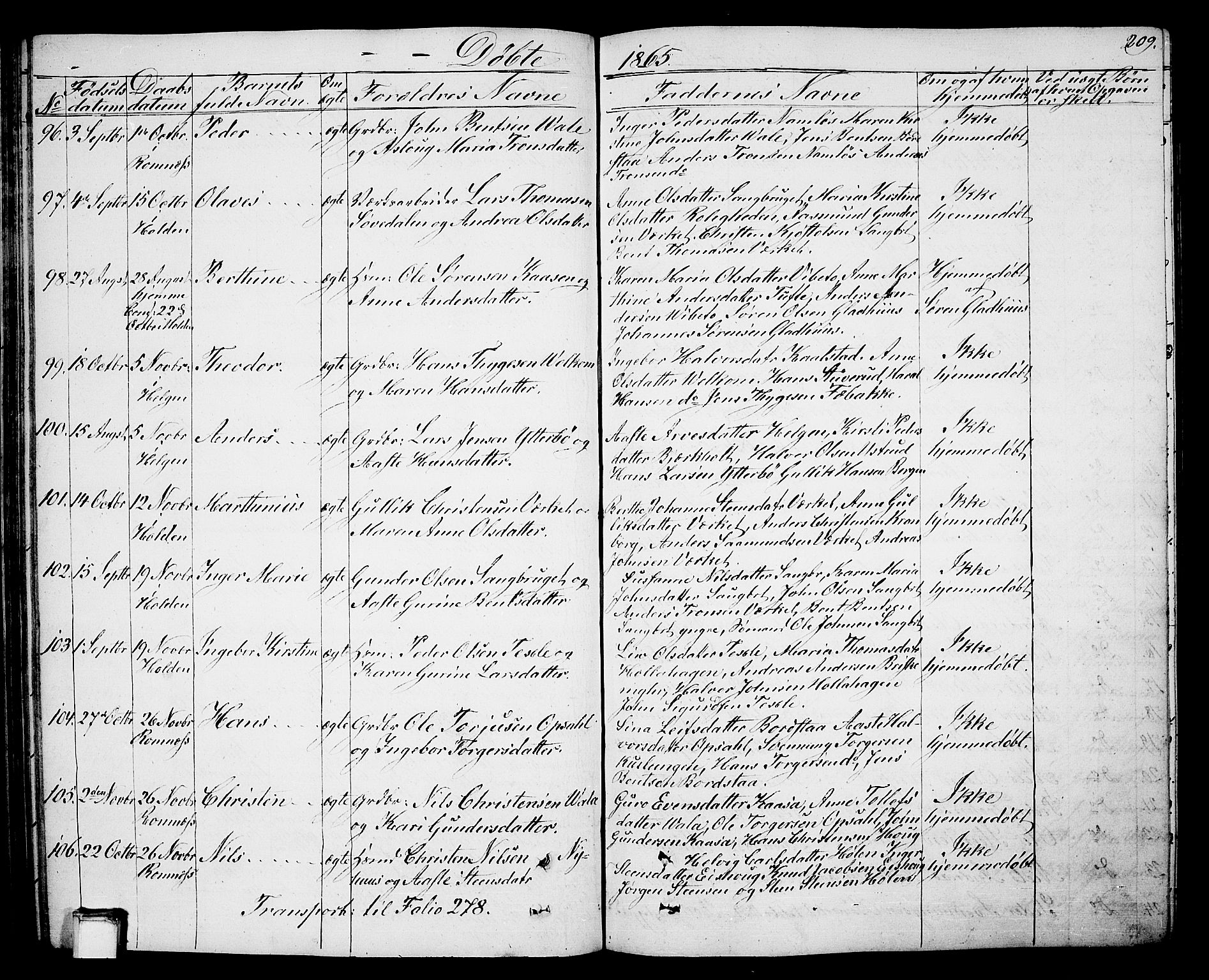 Holla kirkebøker, SAKO/A-272/G/Ga/L0003: Parish register (copy) no. I 3, 1849-1866, p. 209