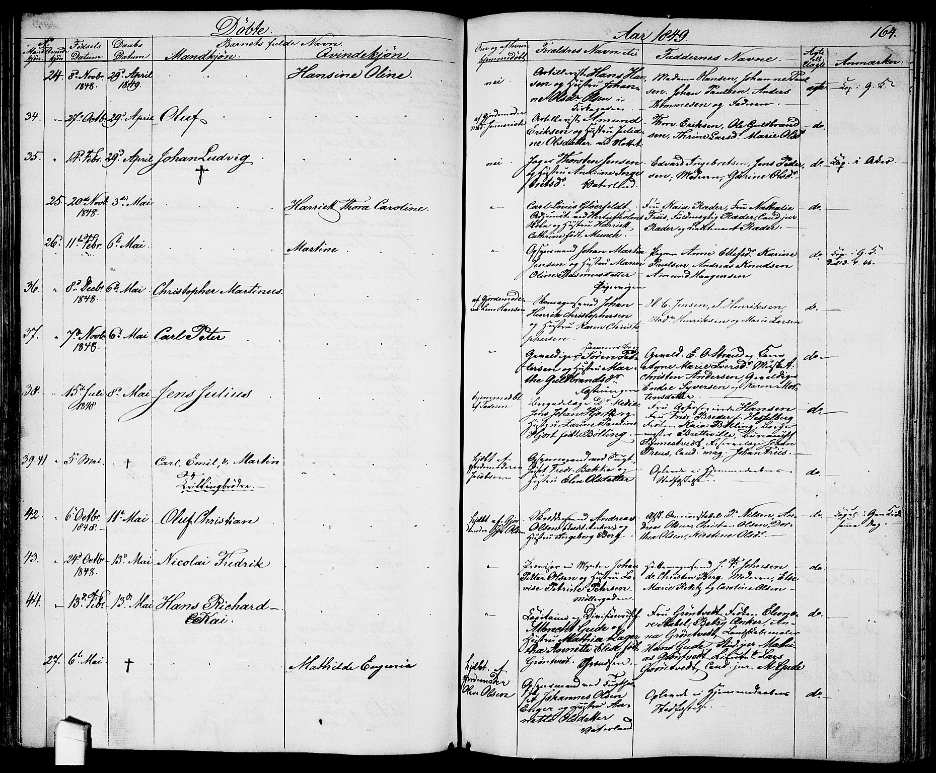 Garnisonsmenigheten Kirkebøker, AV/SAO-A-10846/G/Ga/L0005: Parish register (copy) no. 5, 1841-1860, p. 164