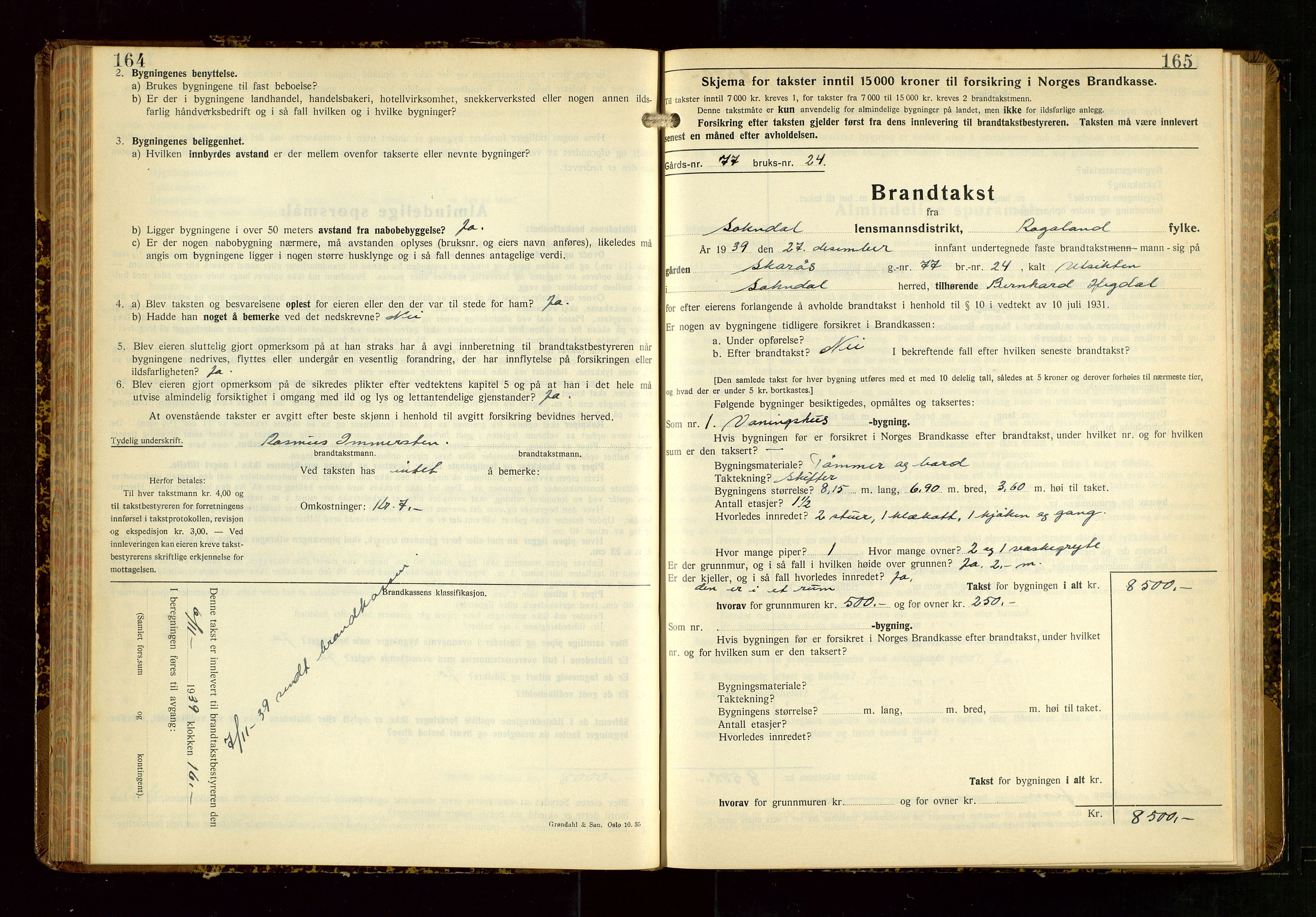 Sokndal lensmannskontor, AV/SAST-A-100417/Gob/L0008: "Brandtakst-Protokoll", 1937-1955, p. 164-165