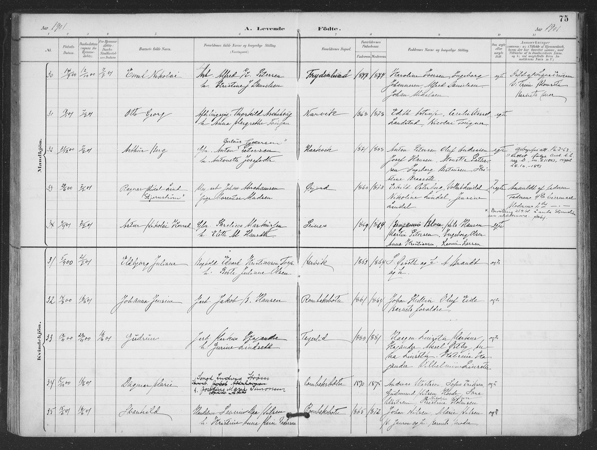 Ministerialprotokoller, klokkerbøker og fødselsregistre - Nordland, AV/SAT-A-1459/866/L0939: Parish register (official) no. 866A02, 1894-1906, p. 75