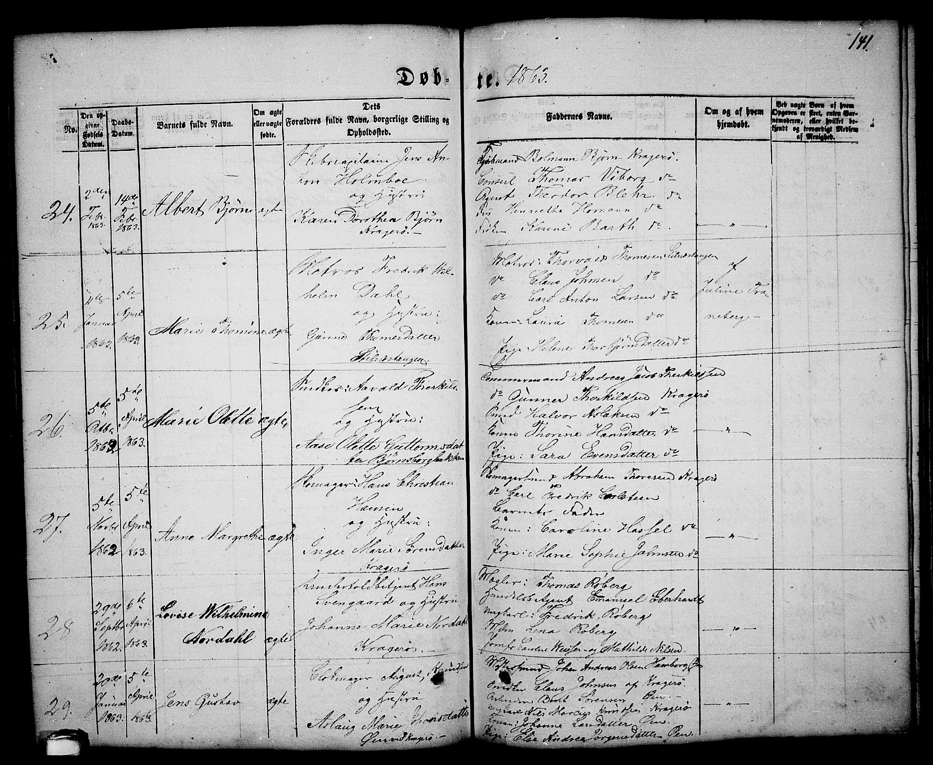 Kragerø kirkebøker, AV/SAKO-A-278/G/Ga/L0004: Parish register (copy) no. 4, 1853-1865, p. 141