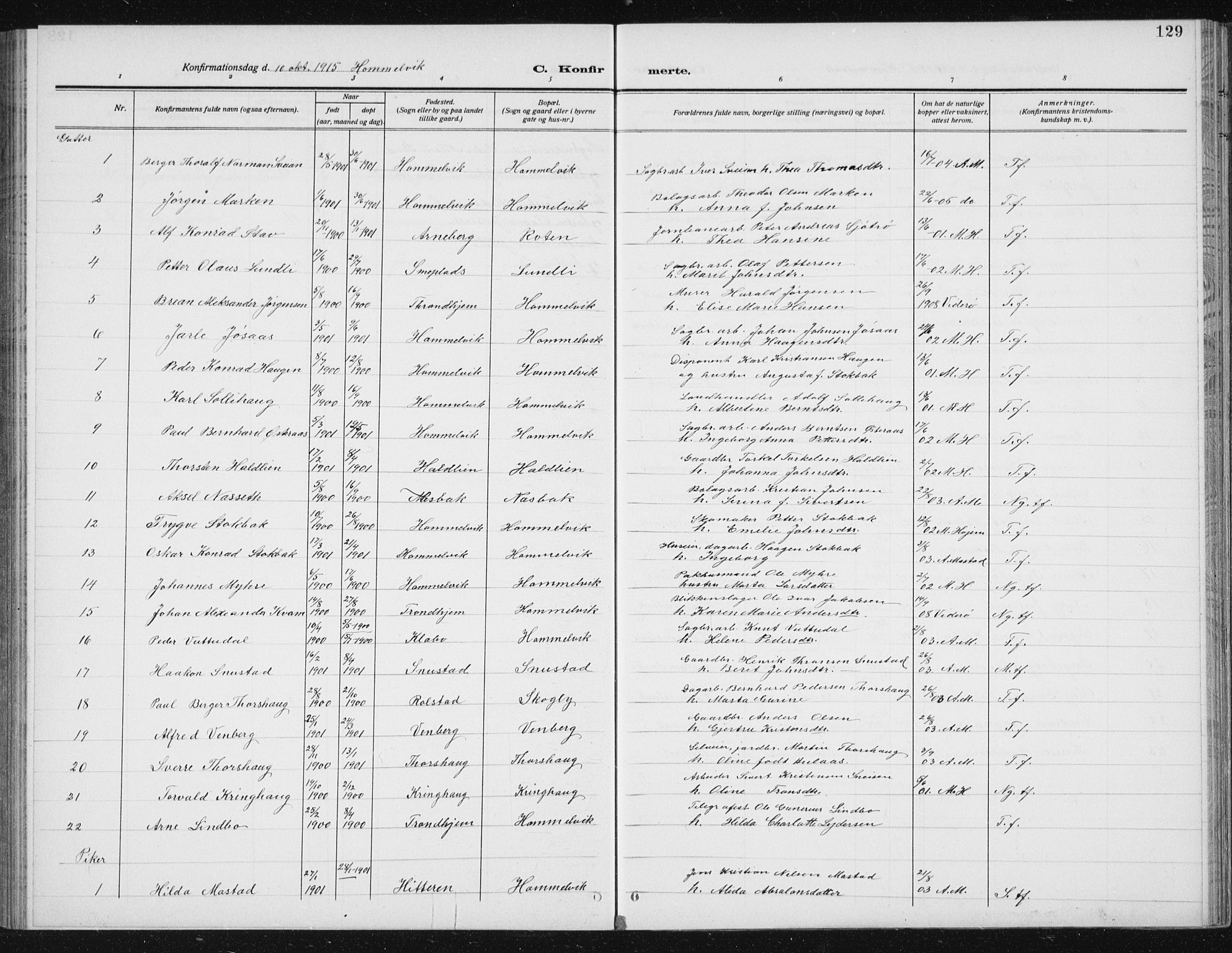 Ministerialprotokoller, klokkerbøker og fødselsregistre - Sør-Trøndelag, AV/SAT-A-1456/617/L0431: Parish register (copy) no. 617C02, 1910-1936, p. 129