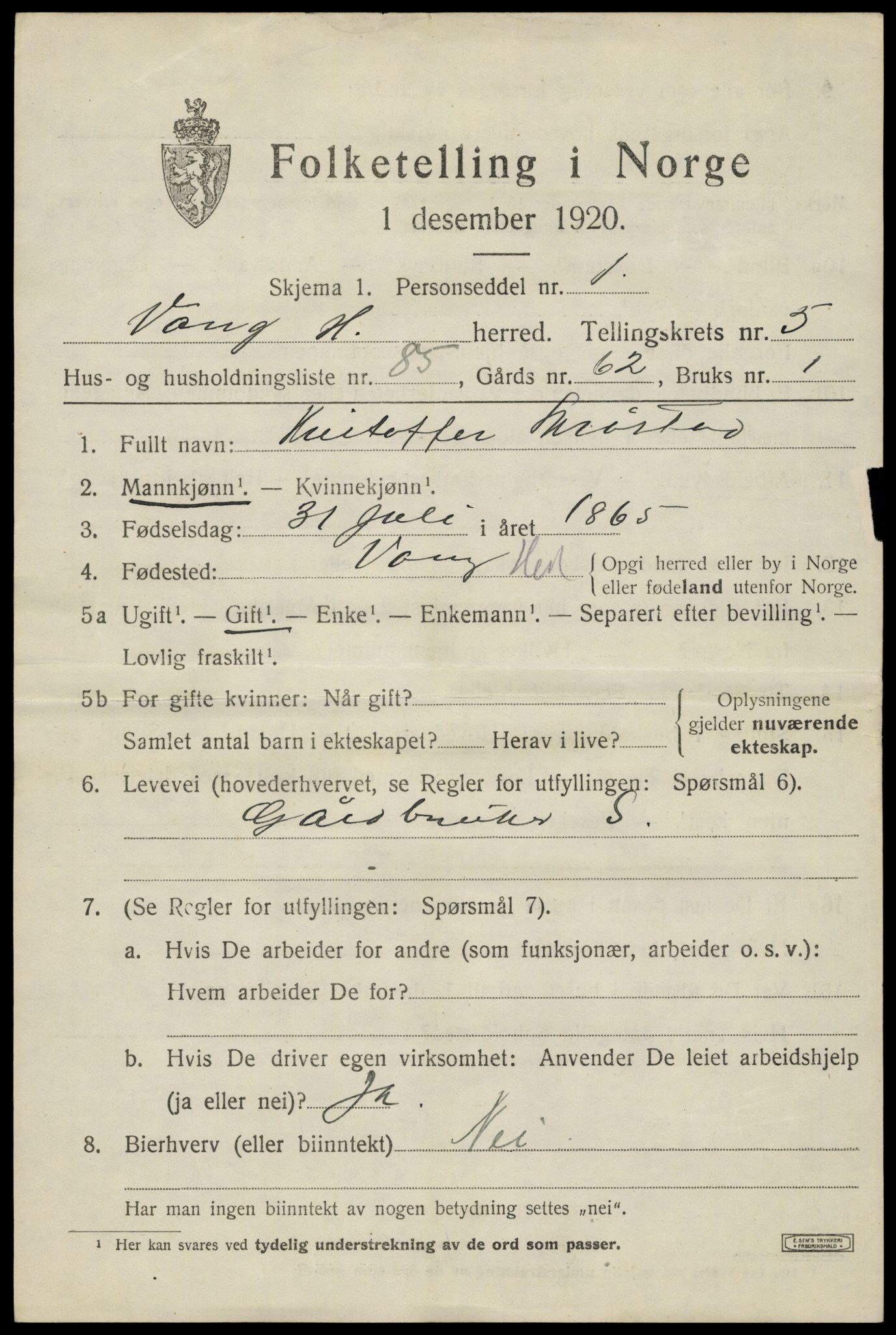 SAH, 1920 census for Vang (Hedmark), 1920, p. 14723