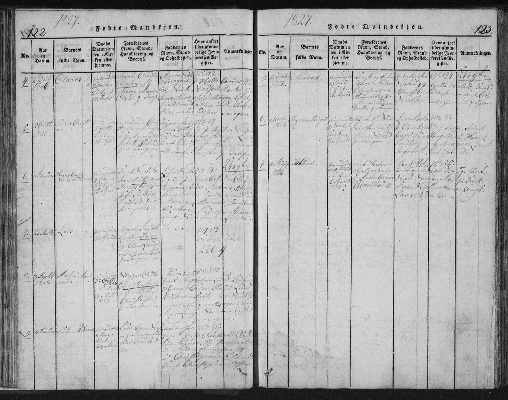 Strømsø kirkebøker, AV/SAKO-A-246/F/Fb/L0004: Parish register (official) no. II 4, 1814-1843, p. 122-123